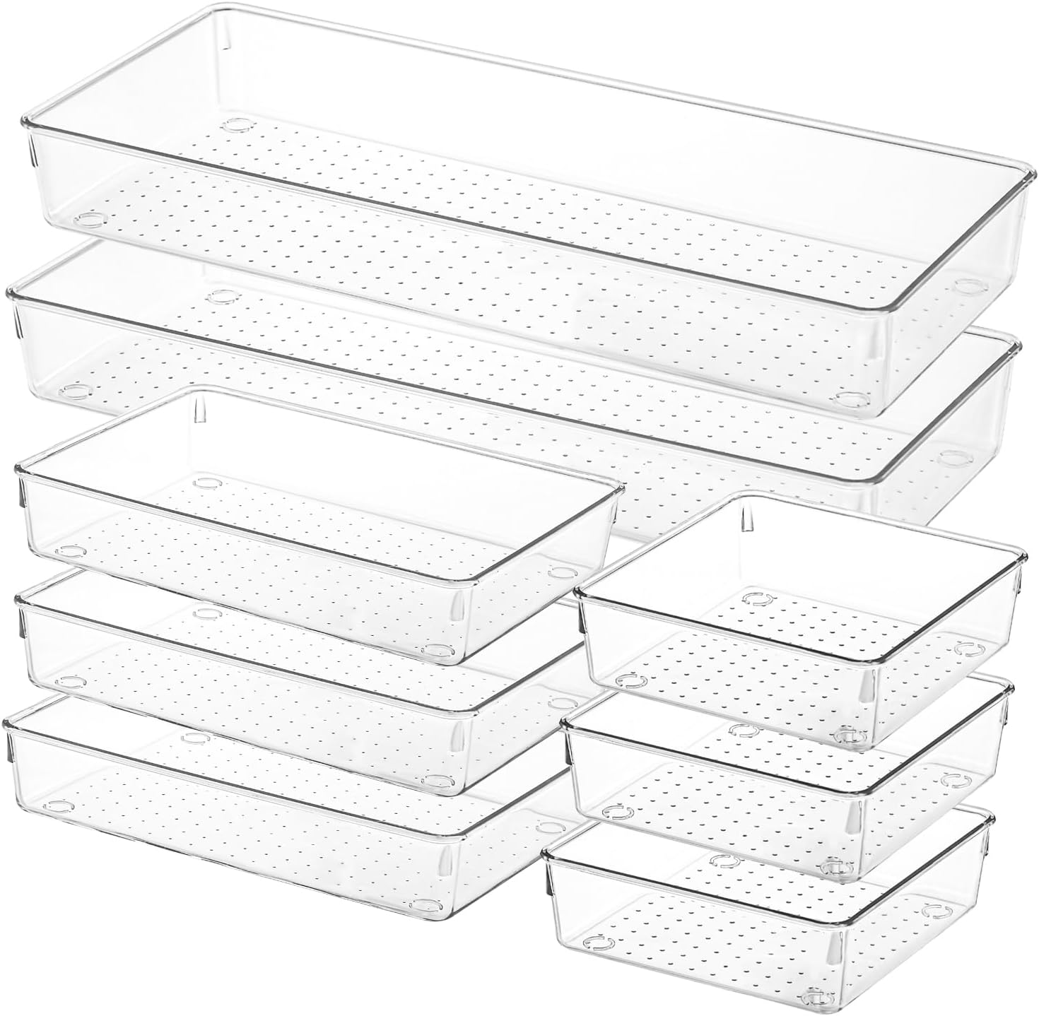 Voova 8 Pack Plastic Drawer Organizers Set,3-Size Kitchen and Office Desk Drawer Organizer Trays,Acrylic Non Slip Storage Bin Divider for Makeup, Jewelry,Gadgets Utensils,Bedroom,Bathroom Vanity,Clear