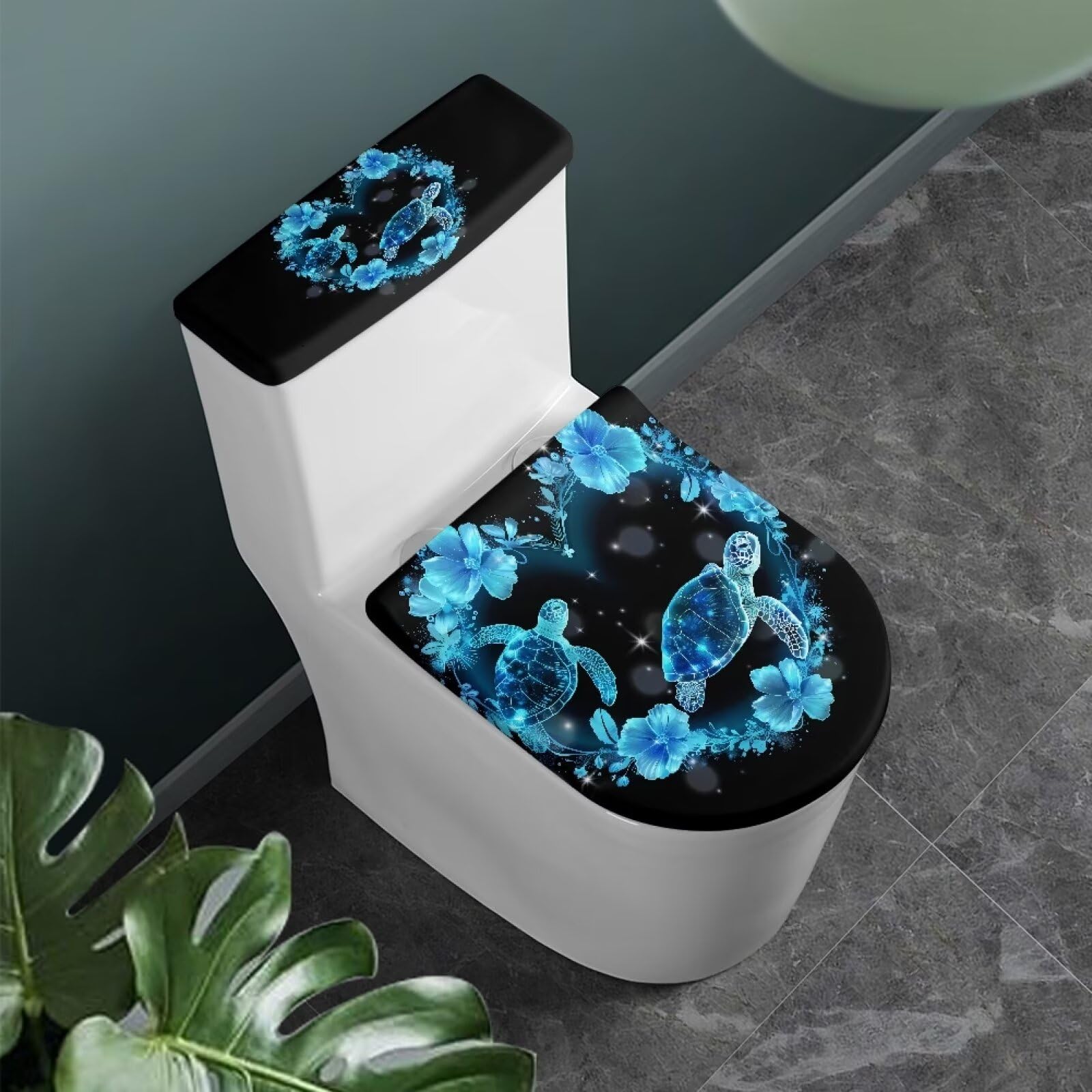 Tomeusey Juego De 2 Fundas Para Tapa De Inodoro - Diseño Flor Tortuga Azul, Elástico, Universal Para Decoración Del Baño