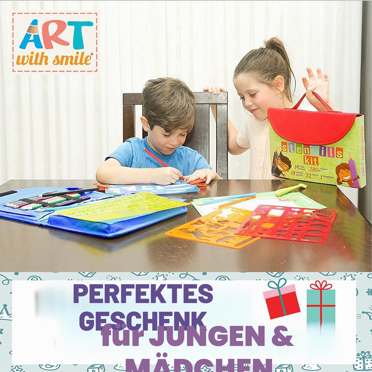 Art with smile Zeichenschablonen für Kinder-Set und Tragetasche – – kindersicheres, ungiftiges Schablonen-Set mit 300 Formen, Buntstiften, Papier usw. – Reise-Kunstzubehör für Kreativität, Lernen