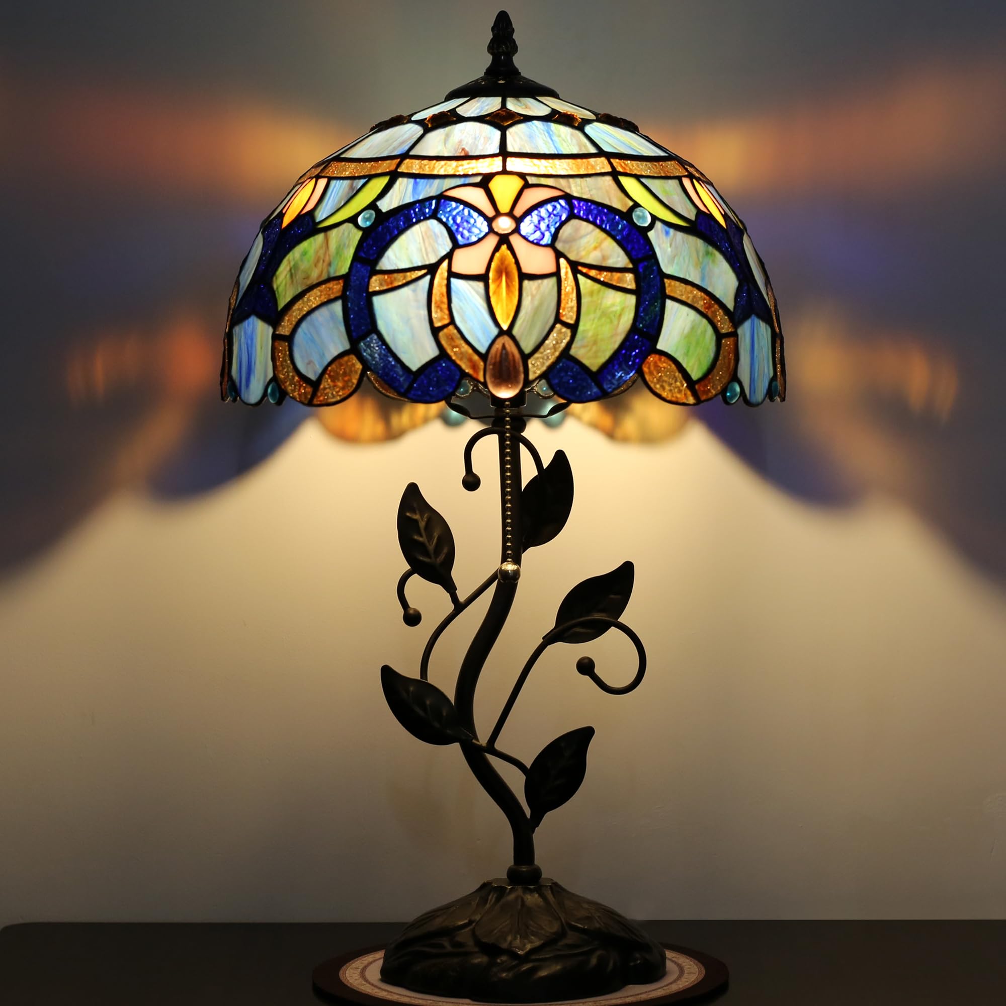 Tiffany Table Lamp Stained Glass Lamp Bedside Desk Reading Light W12H19 Inch Metal Leaf Base with Metal Leaf Base Bedroom Living Room (Blue Baroque Style)
