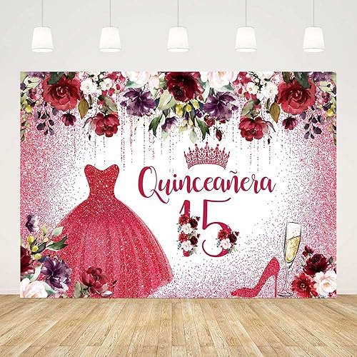 Telón de fondo de feliz cumpleaños número 15 de 10 x 7 pies para niña, quinceañera, flores rojas burdeos, fondo de fotografía, corona roja,