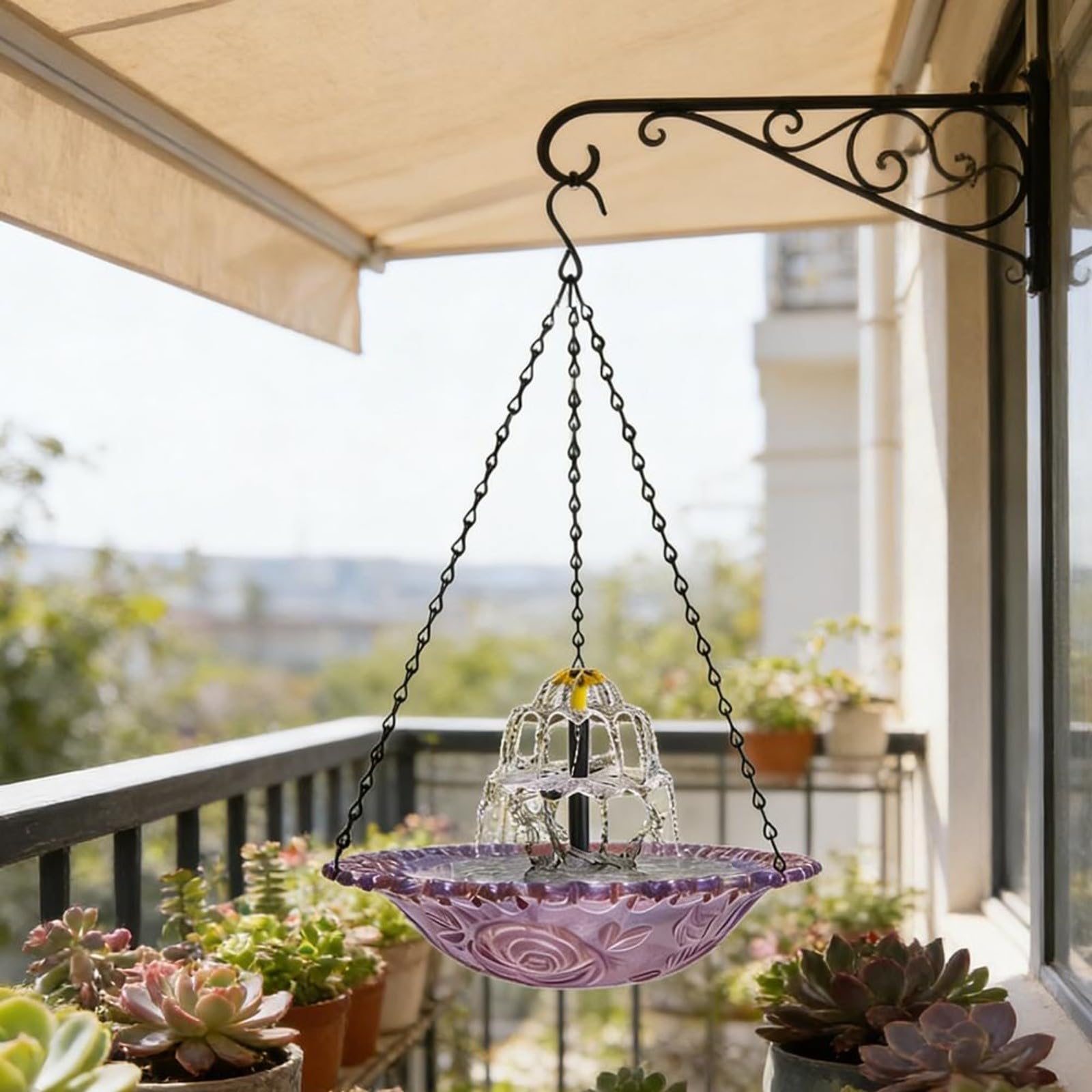 Vasca per uccelli a fontana solare da esterno con mangiatoia sospesa, vivace fontana da giardino, facile da installare (blu)