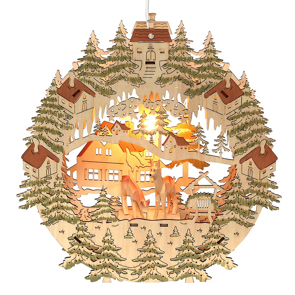 ***Exclusives, beleuchtetes Holz Fensterbild, Motiv: Rehe geschnitzt