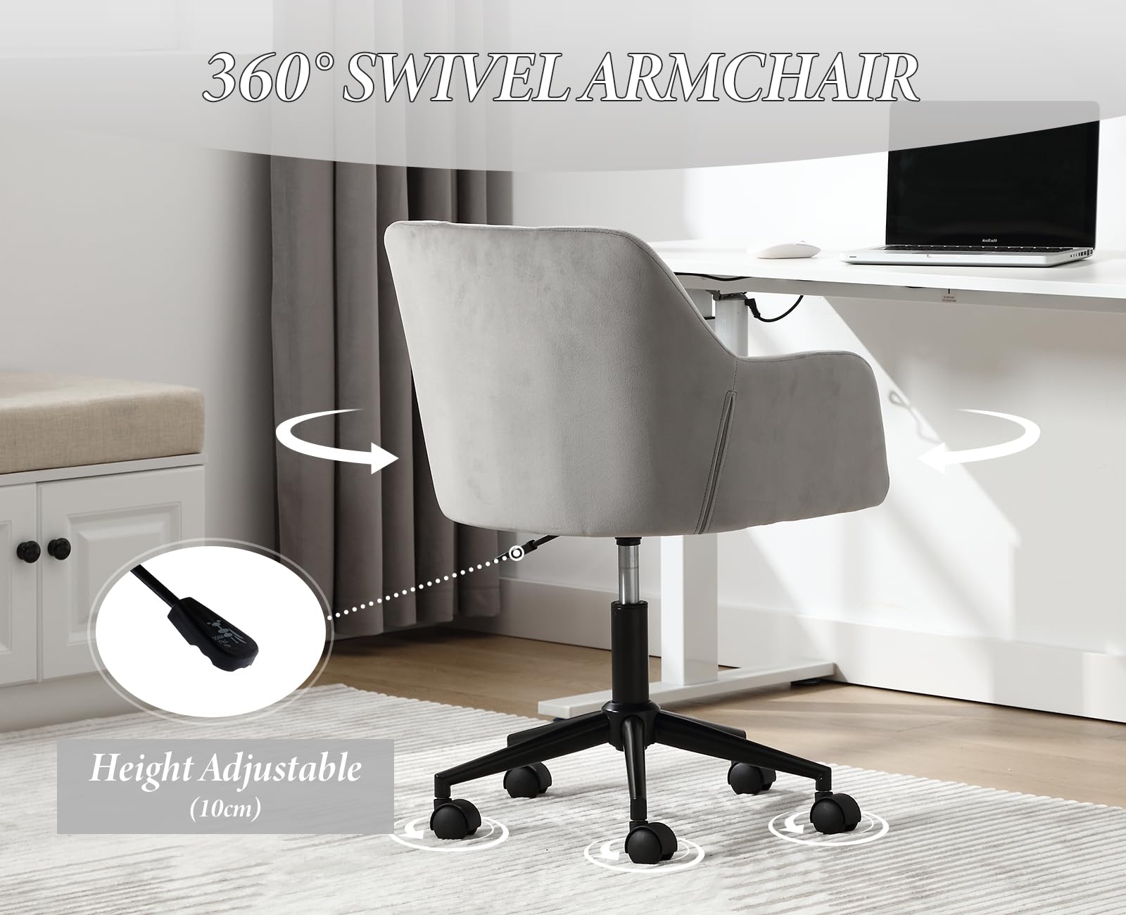 chairus Chaise de Bureau en Velours Fauteuil Travail Pivotant à 360° pour Salon Chambre Chaise Rembourré avec Hauteur Réglable (Gris (roulettes))