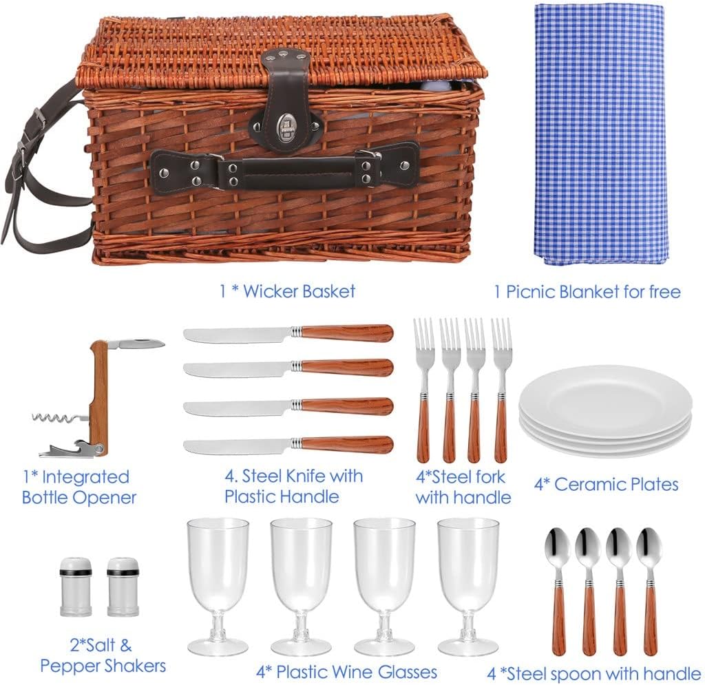 Picnic Basket Hamper 25 Pcs for 4People Suitcase Set Cutlery Ice Bag Organizers Wicker Baskets Decor