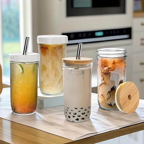 Miniatura 5 de Yesland Paquete de 6 vasos de vidrio con tapas y pajitas, tarro Mason de 24 onzas, vaso estético para batidos, taza de café y cerveza, taza Boba
