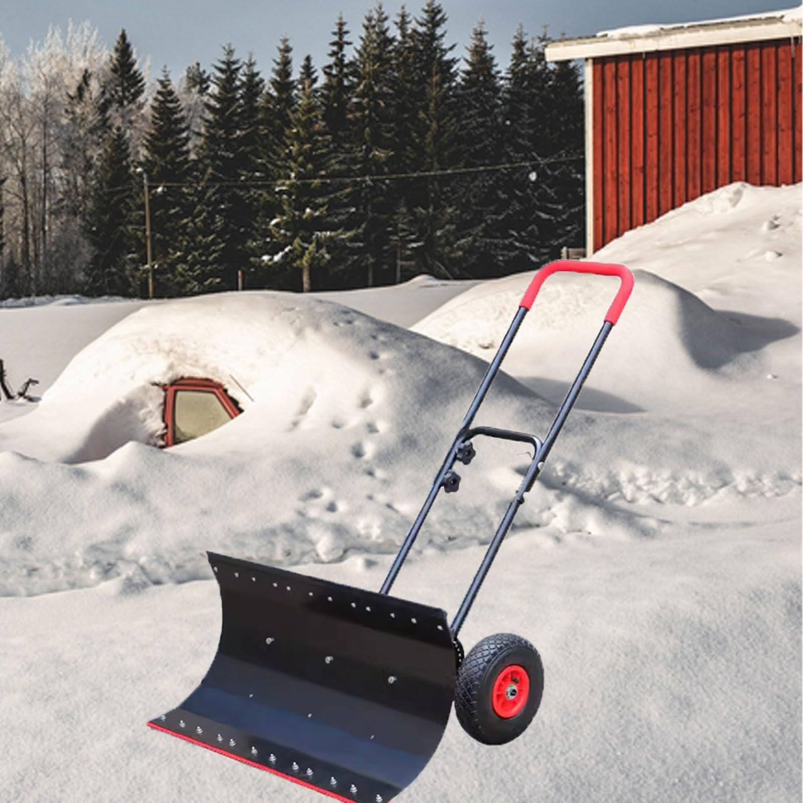 Snow Shovel with Wheels for Driveway, 39.3" Wide Metal Snow Pusher Plow for Snow Removal, Heavy Duty Wheeled Push Snow Shovel Ergonomic Angle & Height Adjustable for Garden Pavement
