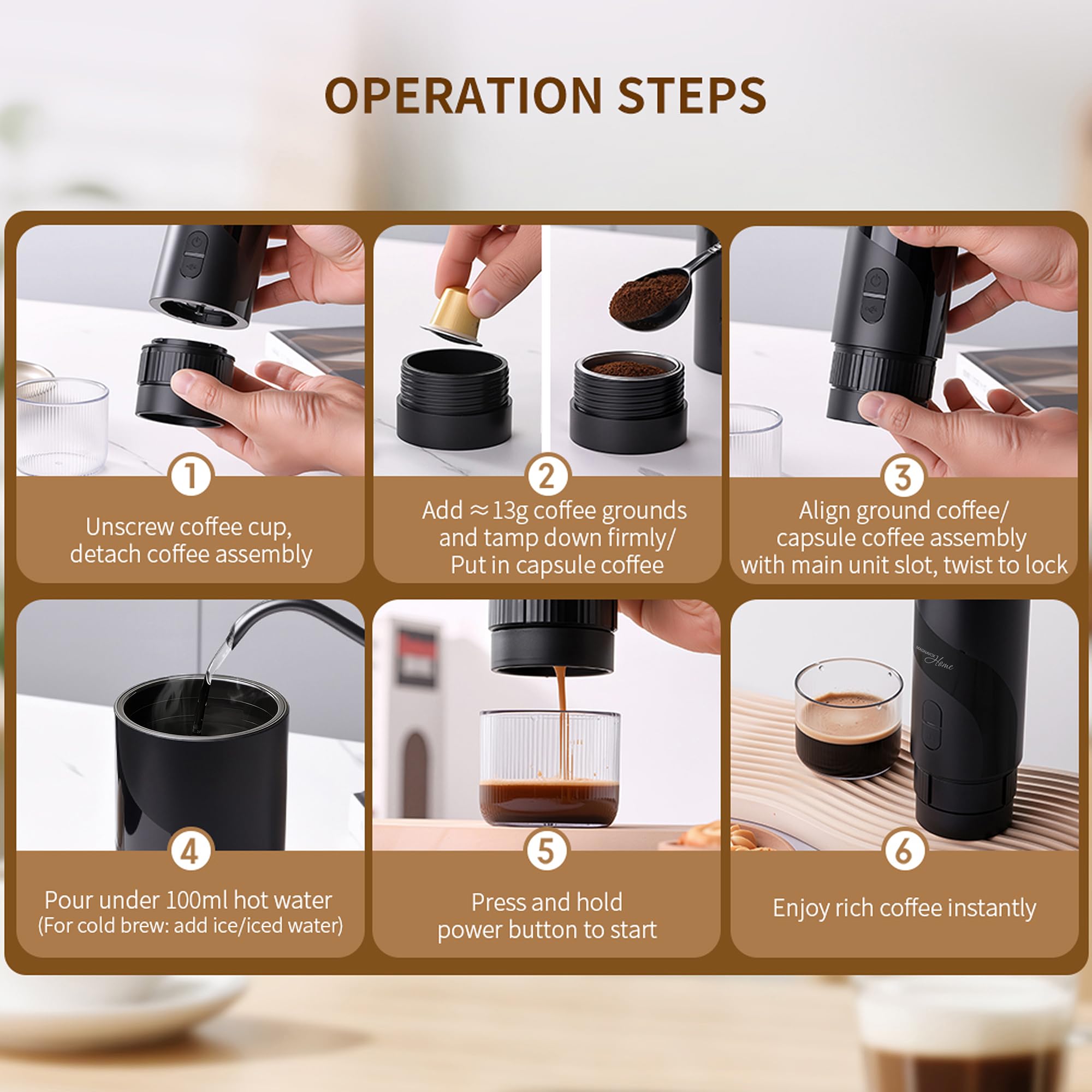 MAGNAVOX Home - Cafetera espresso portátil (molidos o cápsulas) con tecnología de preparación rápida y control de un solo toque, ideal para oficinas o viajes