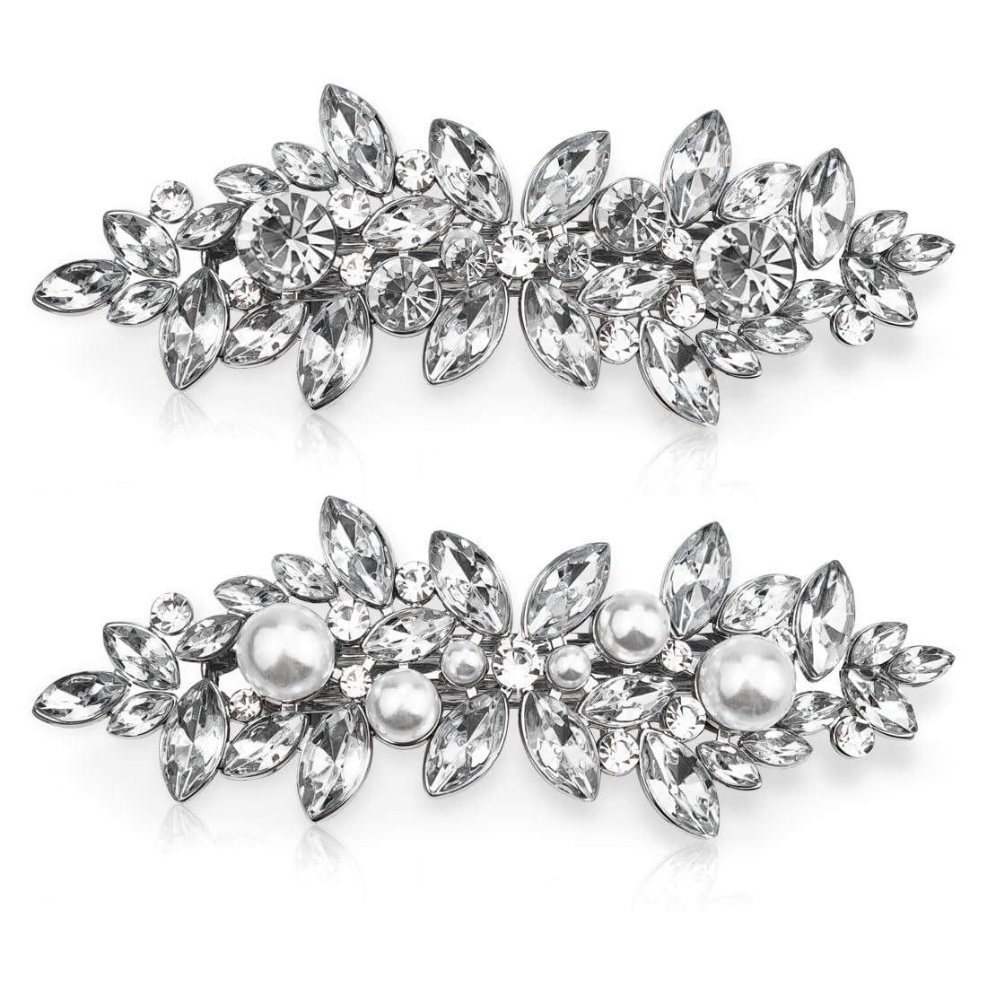 SHSMPXOY 2PCS Rhinestone Hair Clips,Crystal Barrettes,Fancy Hair Clips for Women,Bridal Hairr Accessories Wedding,Pearl Decorative Hairr Clip for Daily Party Prom(Silver Pearls+Silver Rhinestones)
