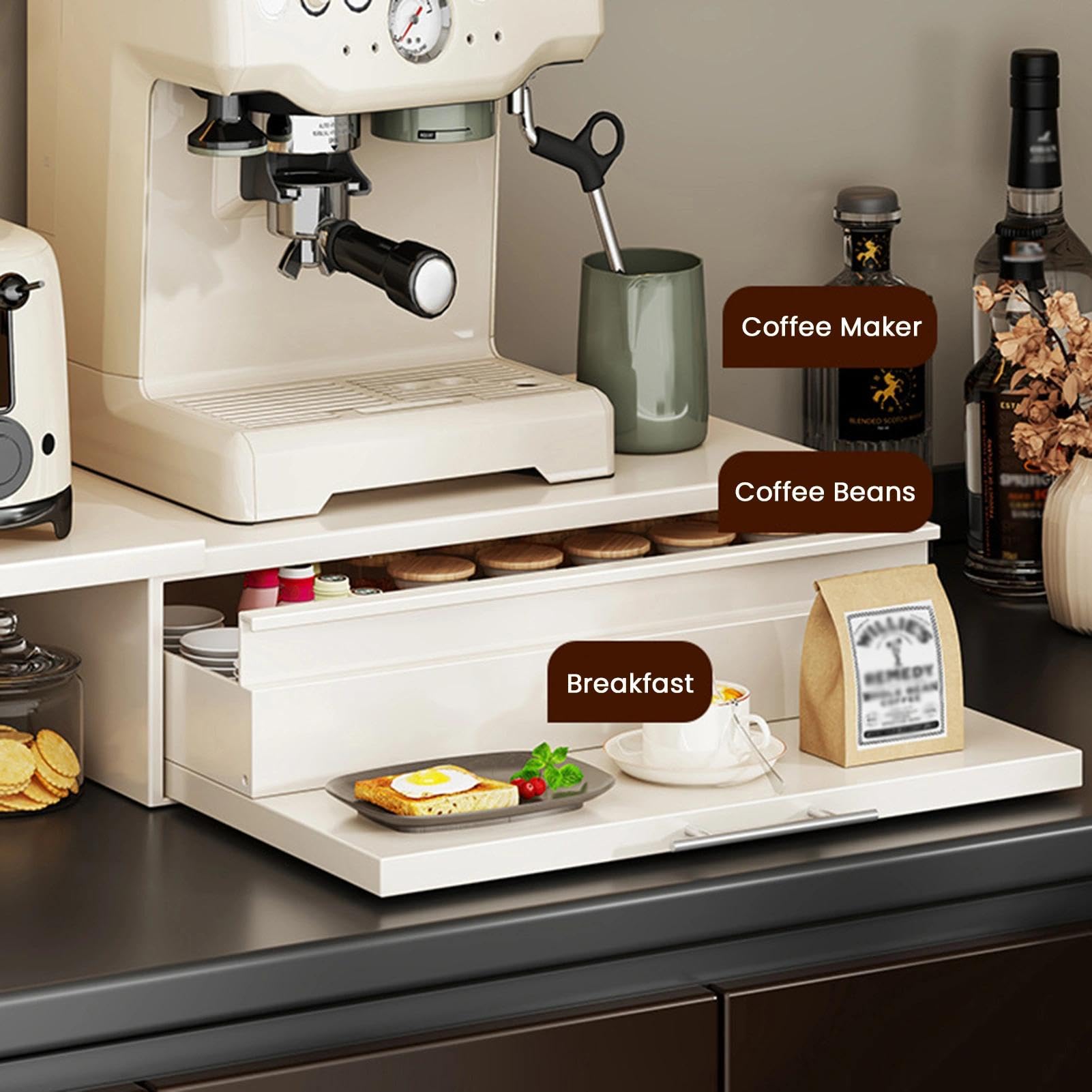 Kaffeekapselhalter Mit Schubladen Und Seitlichem Ablagefach – Ausziehbarer Organizer Für Die Kaffeestation, Aufbewahrungsbox Für Tassen, Ständer Für Die Kaffeemaschine(Black-A)
