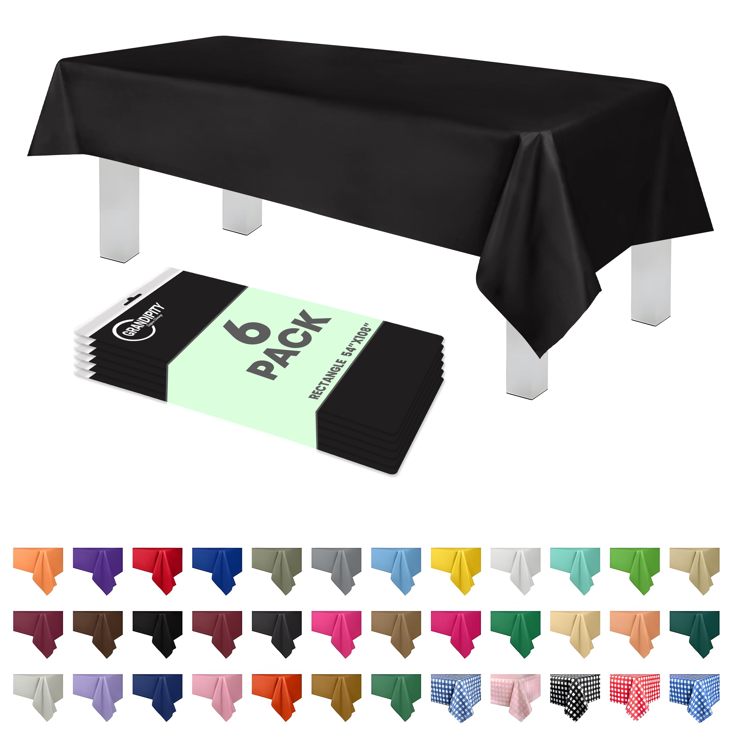 Grandipity Black 6 Pack Premium Disposable Plastic Tablecloth 54 Inch. x 108 Inch. Rectangle Table Cover