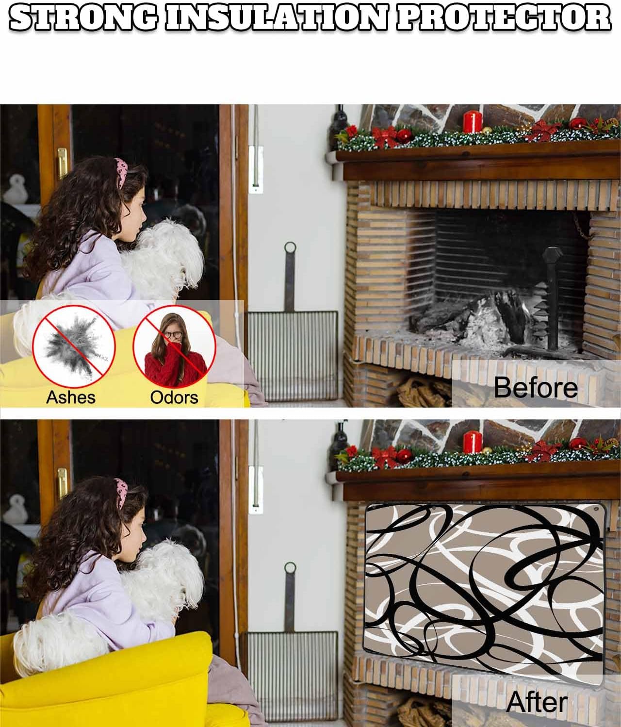 Magnetic Fireplace Cover Khaki Black Circle Lines Fireplace Screen Decorative Stripe Modern Abstract Art Insulation Fireplaces Blocker Save Energy Fireplaces Draft Stopper Covers for Living Room 36x30