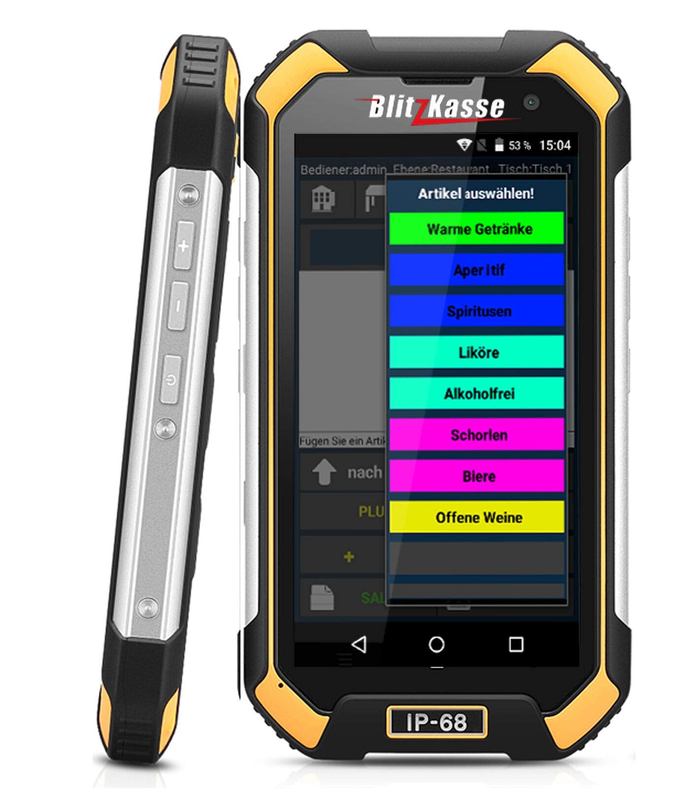 MINI IP68 Kassenterminal für Gastronomie. DSFinV-K, TSE-Konform, ohne ABO. Bestellterminal, Kellnerterminal für Blitzkasse Kassensoftware