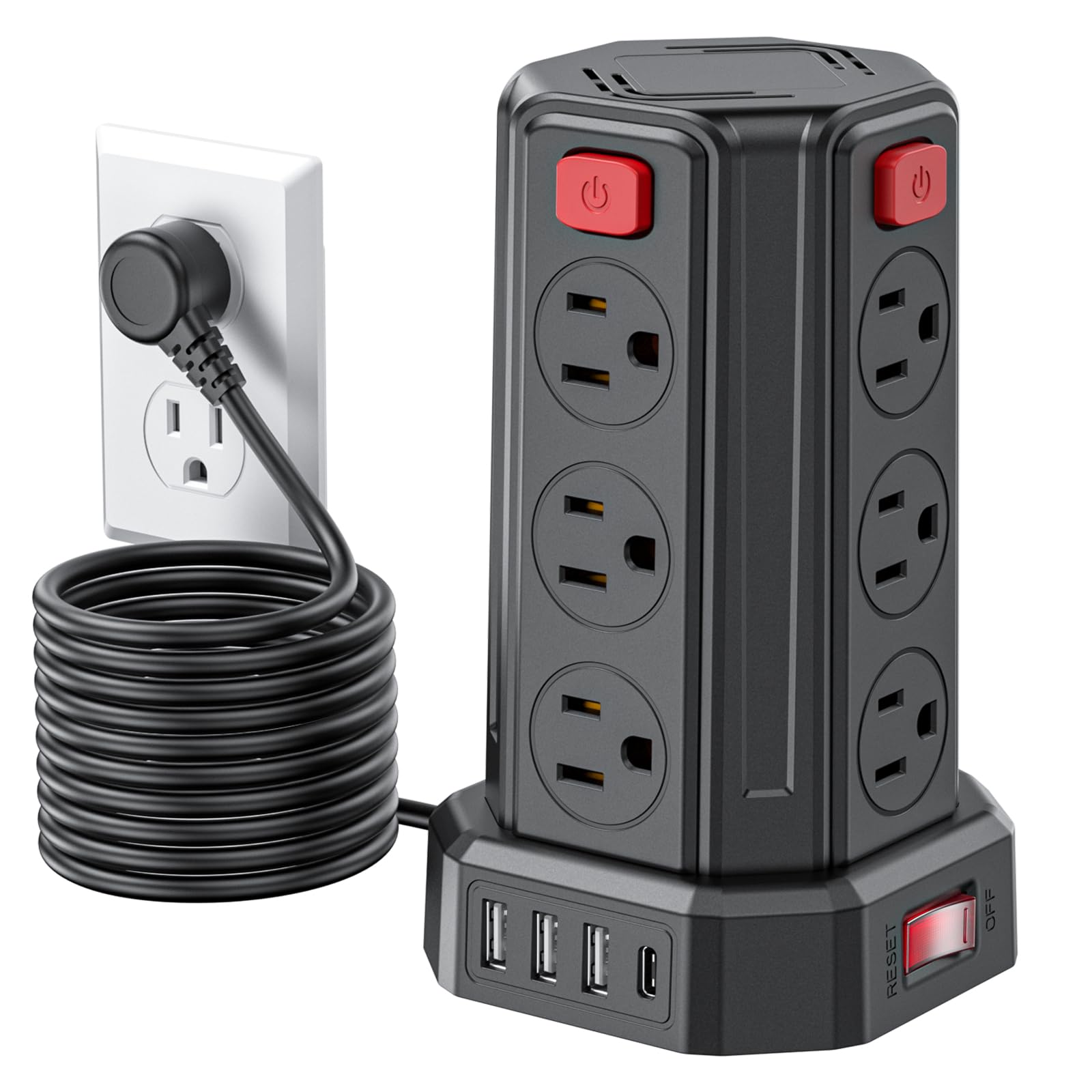 Power Strip Surge Protector, 10 Ft Extension Cord with 12 AC Multiple Outlets 4 USB (1 USB C), SMALLRT Power Tower Desktop Charging Station