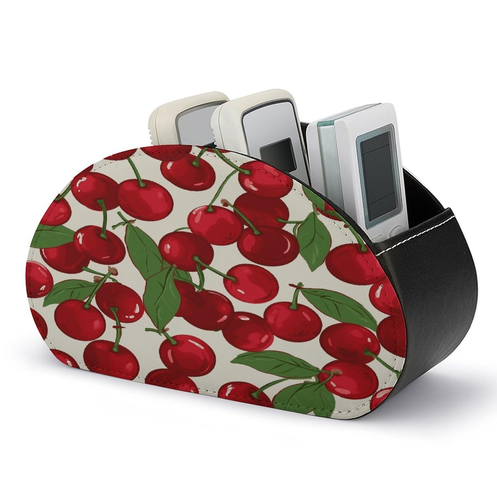FekiLoot Red Cherries Remote Control Holder with 5 Compartments Multi-functional TV Remote Caddy Organizer Leather TV Remote Holder Desktop Organizer Store for Bedside Table Office Desk