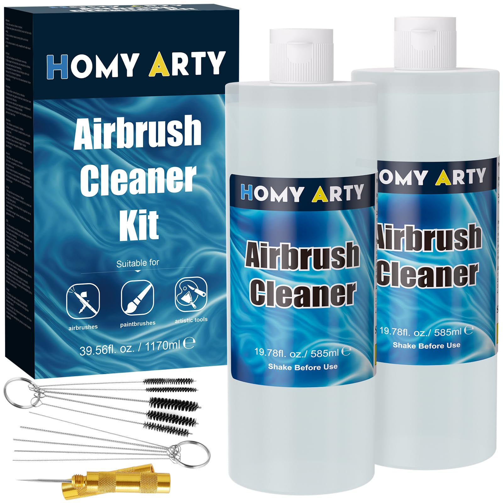 HOMY ARTY Airbrush Reiniger - mit Reinigungsbürsten und Reinigungsnadeln, Airbrush Reinigungsset für Acryl Airbrush Farben, Airbrushes, Pinsel und Kunstwerkzeuge - Airbrush Cleaner