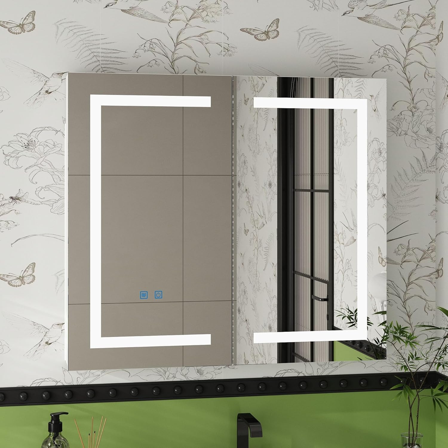 LovinouseBathroom Medicine Cabinet,35" Bathroom Mirrors for Over Sink with Storage,LED Lights,Large Wall Mounted Mirrored Medicine Cabinets for Bathroom, Restroom w/Adjustable Shelves,White