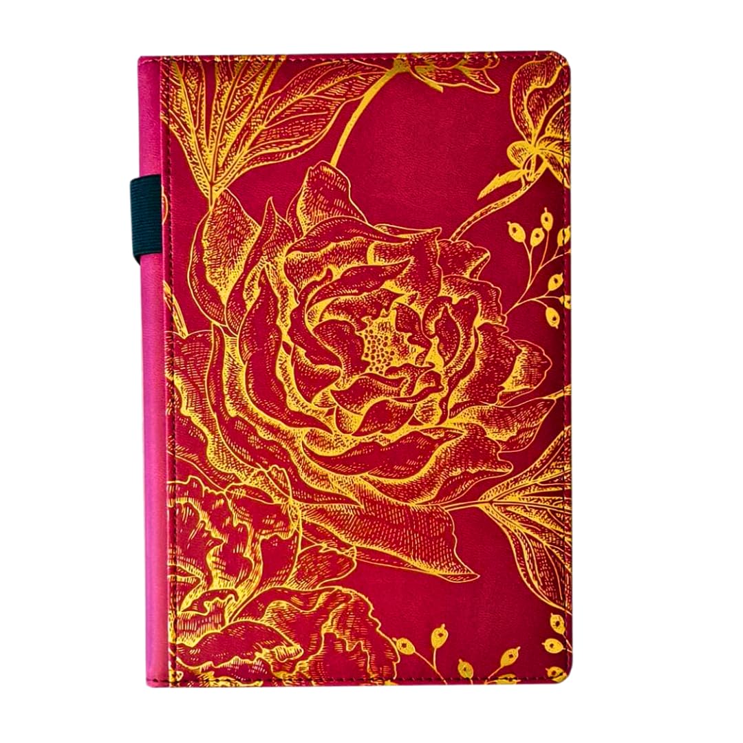 EJRangeA5 Lined Notebook – Faux Leather Journal with Soft Cover, 192 Thick Pages, Pen Loop & Storage Pocket | Hardback Writing Notepad with Gold Rose Design, Ribbon & Elastic Closure (Burgundy)