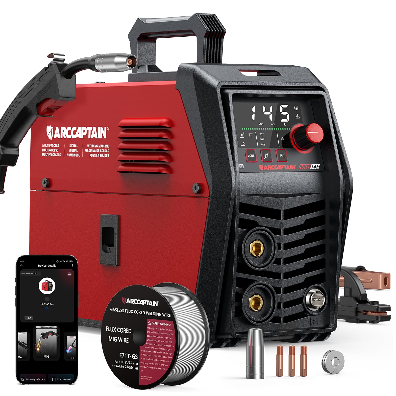 ARCCAPTAIN iControl MIG145 Pro 145A Flux Core MIG Welder 120V Welding Machine Gasless MIG Welder Flux MIG/MMA Stick/Lift TIG, 3 in 1 Welder Machine