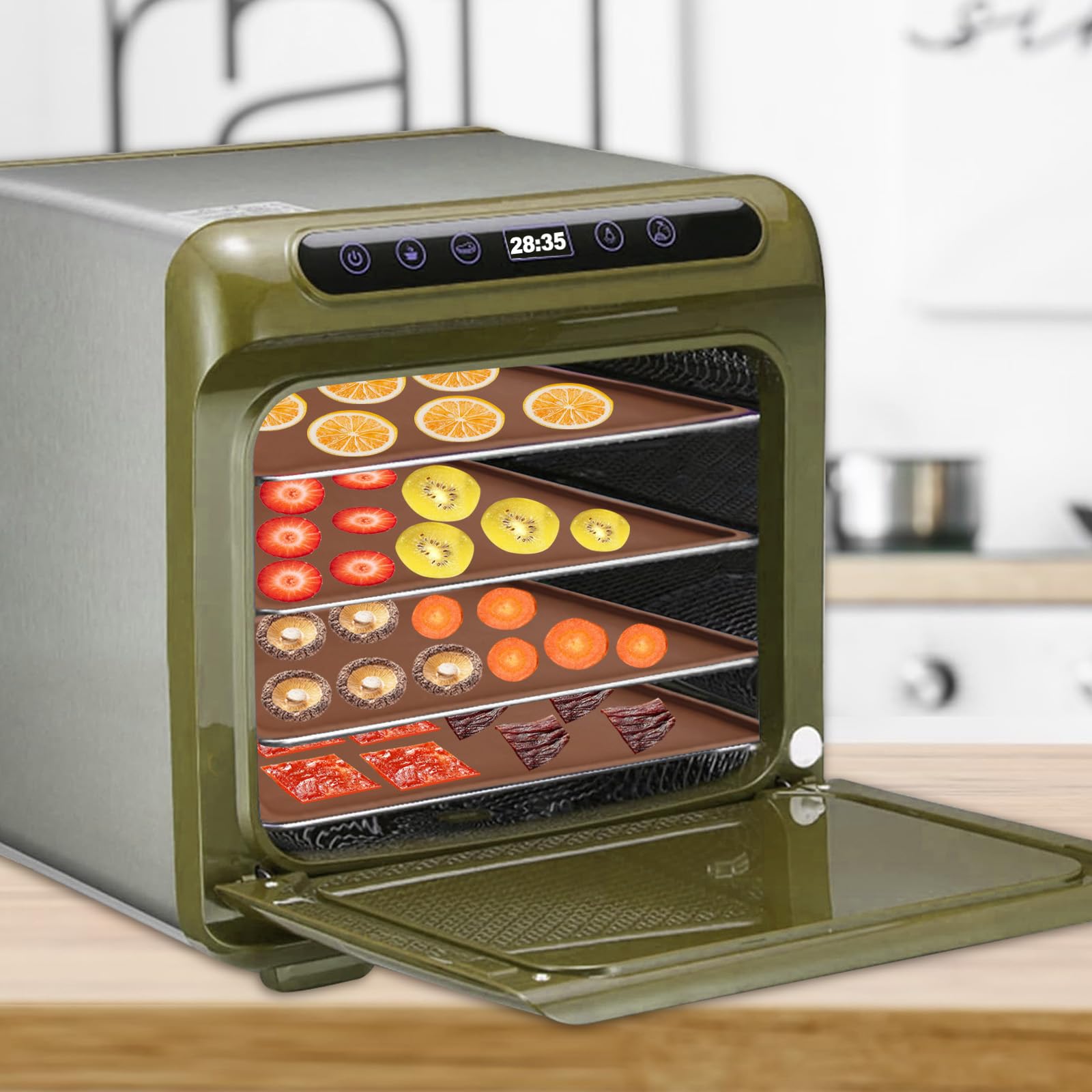 6 Stück Silikon Dehydrator-Blätter mit Rand, Dehydratormatten mit antihaft beschichtet, Antihaft Dörrfolie für Dörrautomat, Wiederverwendbare Lebensmittel Obst Dörrgerät Matten, BPA Frei