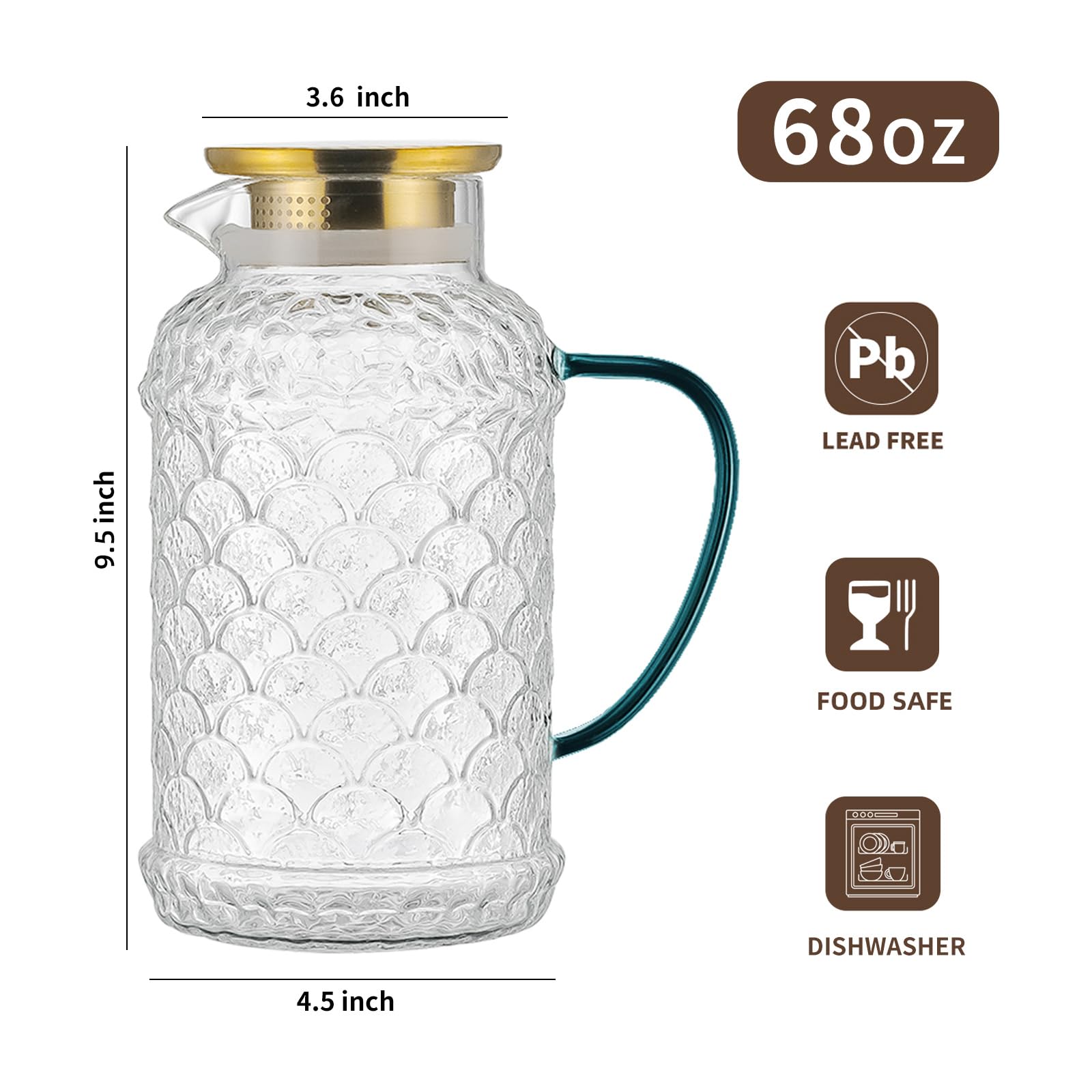 Buaic 2 PACK Glass Pitcher with Lid,68 oz/2 Liter Fish Scale Design Water Pitcher,Clear Borosilicate Glass Water Carafe for Cold Brew, Coffee, Lemonade, Iced Tea,Heat Resistant Water Glass Jug