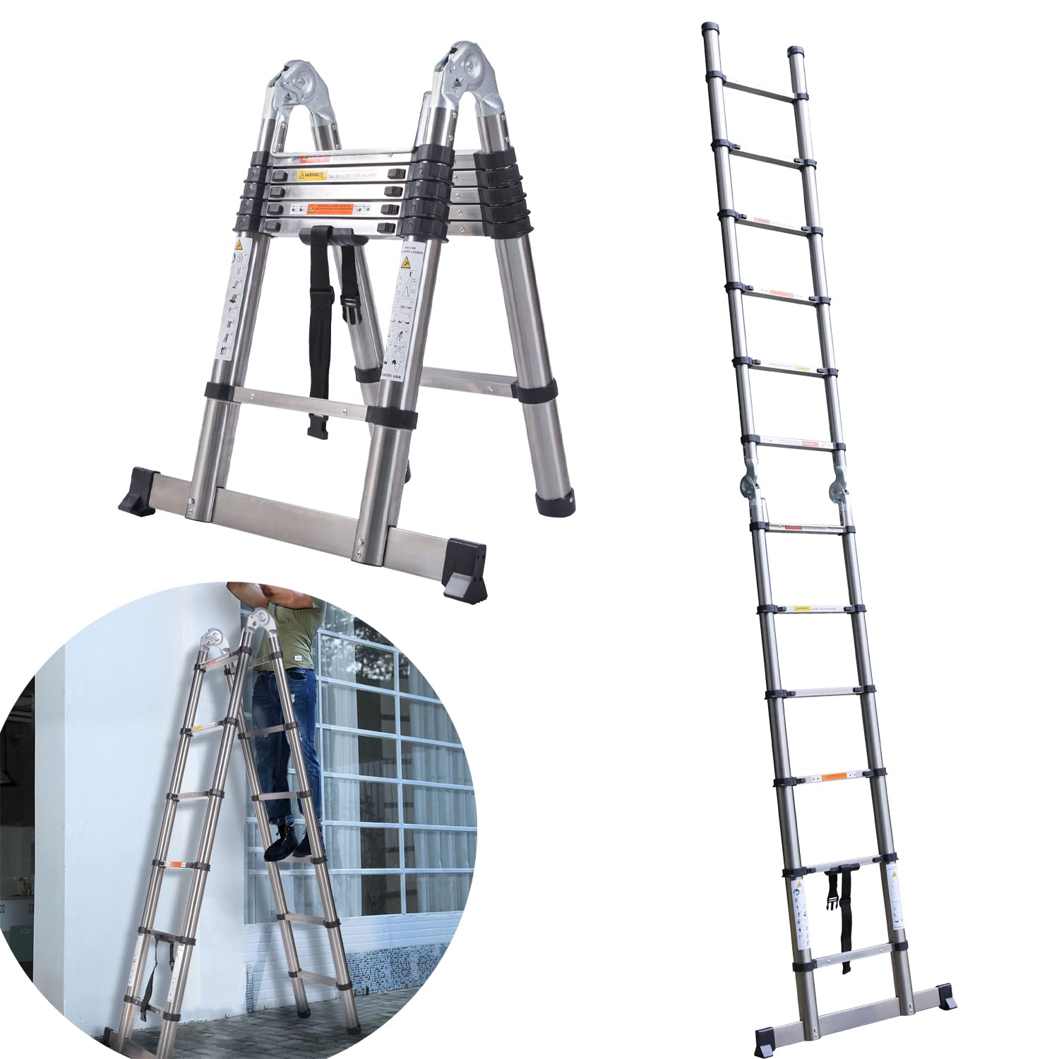 Autofather Multi-Purpose 3.8M Stainless Steel Portable Telescopic Ladder Diy Extendable A-Frame Ladder & Straight Ladder Extension Steps Ladder Max 150Kg Capacity (1.9M+1.9M)
