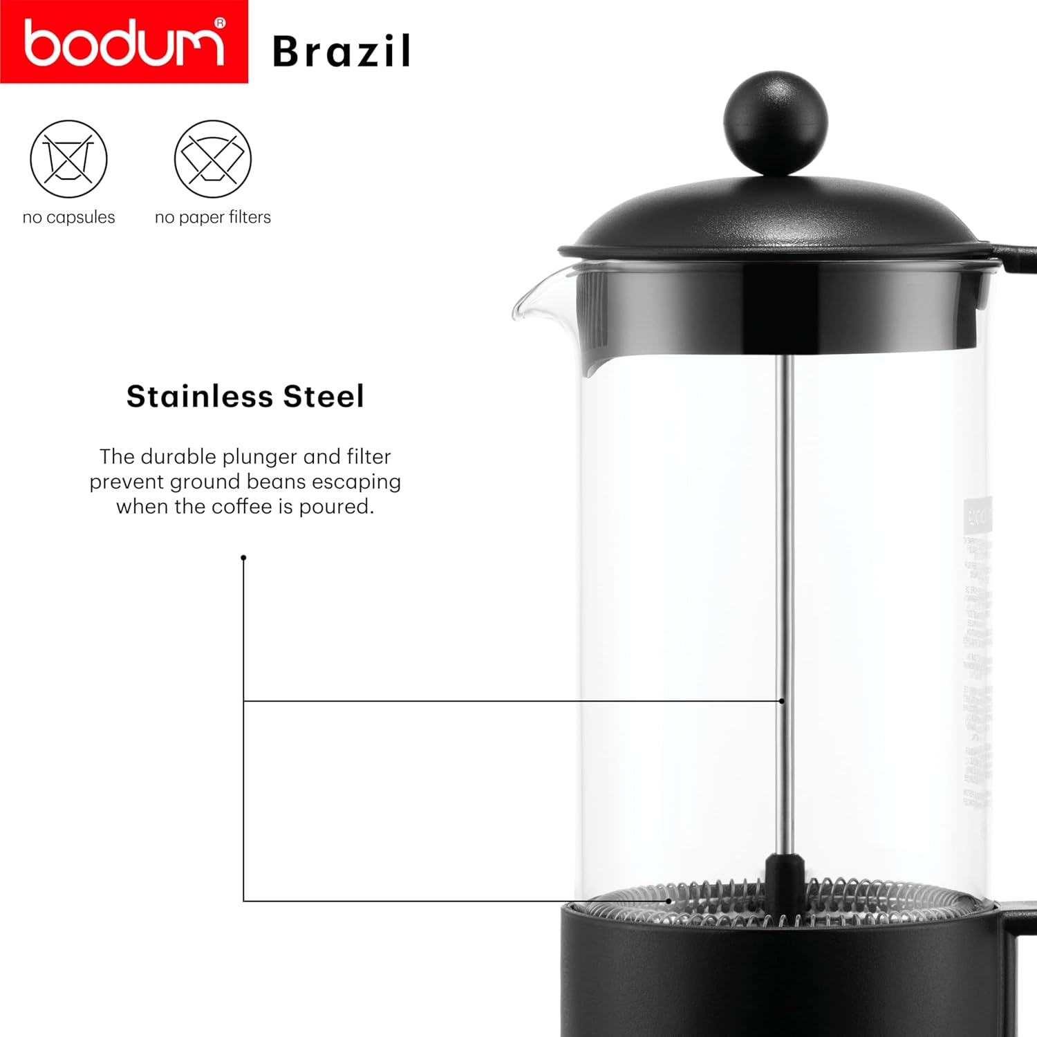 BODUM Brazil 8 Cup French Press Coffee Maker, Black, 1.0 l, 34 oz
