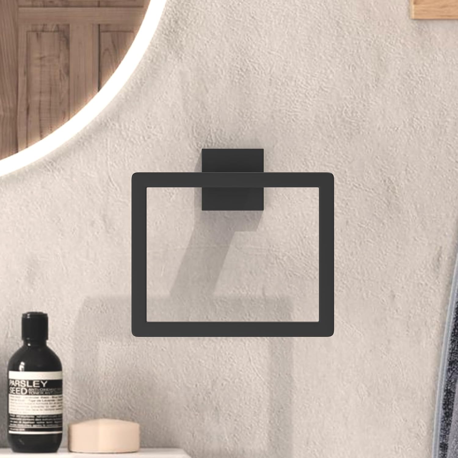 Bathroom Accessories Towel Ring - Matte Black Towel Holder - SUS304 Stainless Steel Bathroom Hardware Square - Wall Mounted Towel Rack（2pcs）