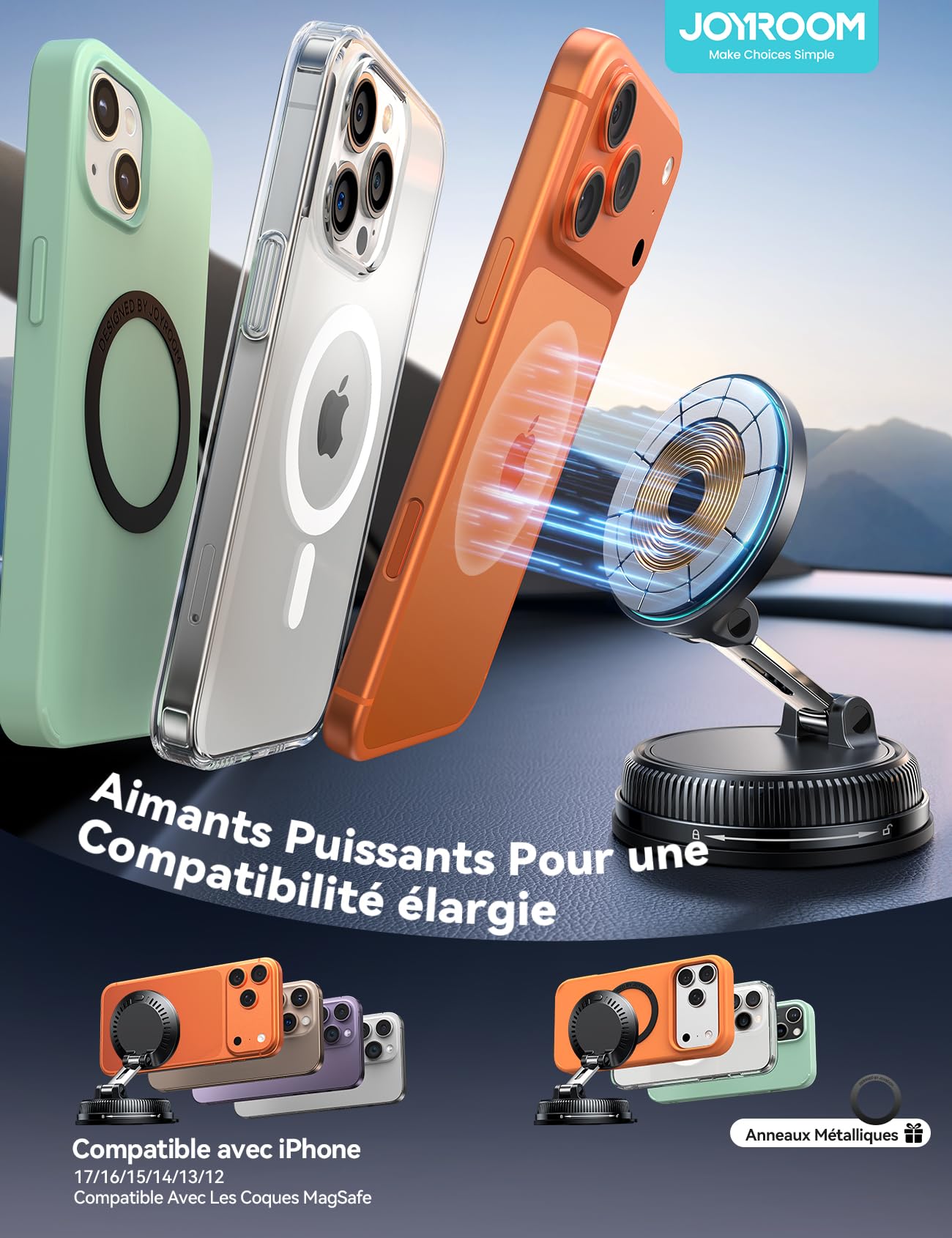 JOYROOM 15w Magsafe Chargeur Voiture [Ventouse à Vide & Gel Ultra-Fort] Support Telephone Voiture Magsafe Rotatif à 360° et Pliable Support Telephone Voiture Induction pour Iphone 17 16 15 14 13 12