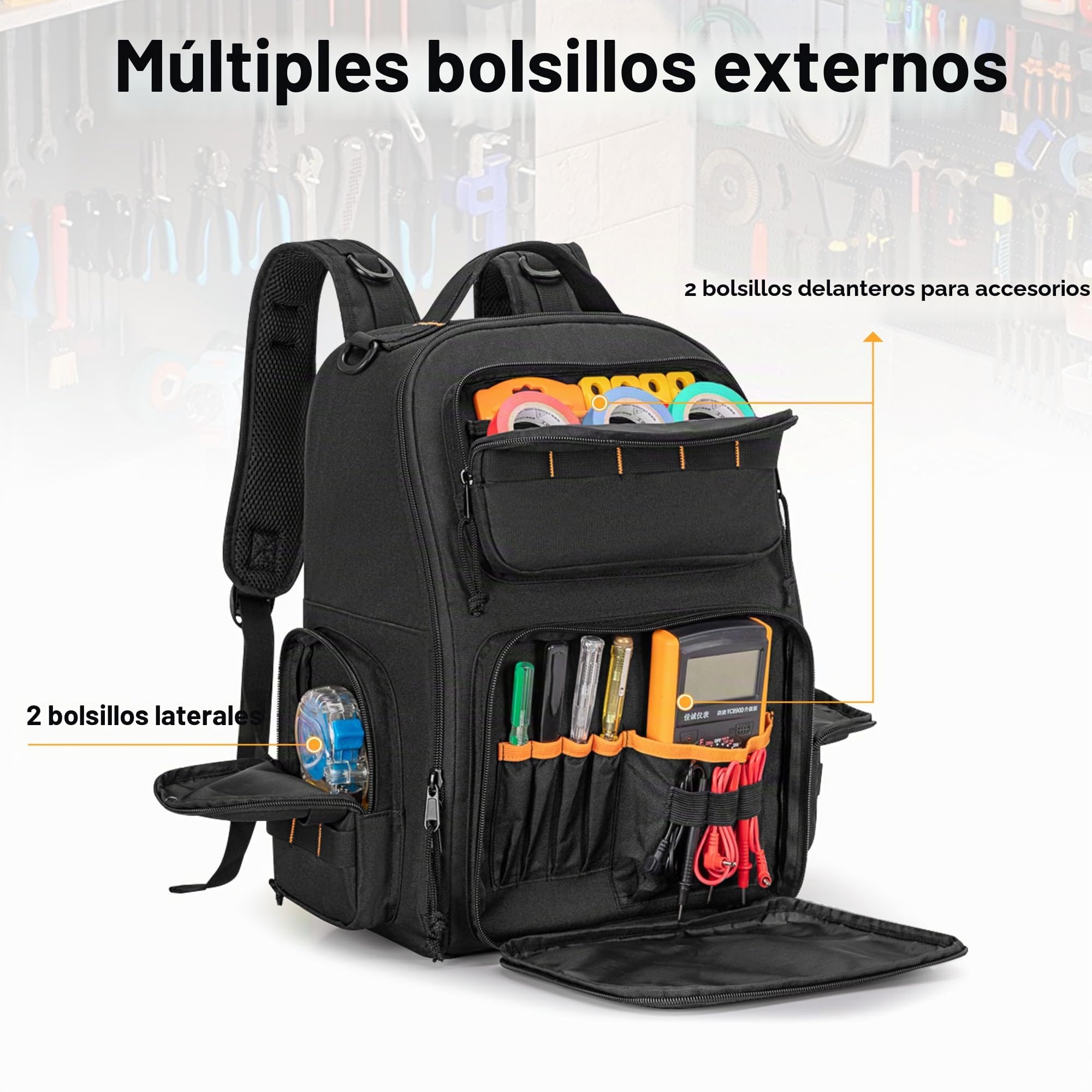 Rexmica Mochila de Herramientas para Hombre con 3 Bolsillos, Negro | Bolsa de Almacenamiento de Herramientas para Reparadores, Carpinteros, Mochila Herramienta Electricista