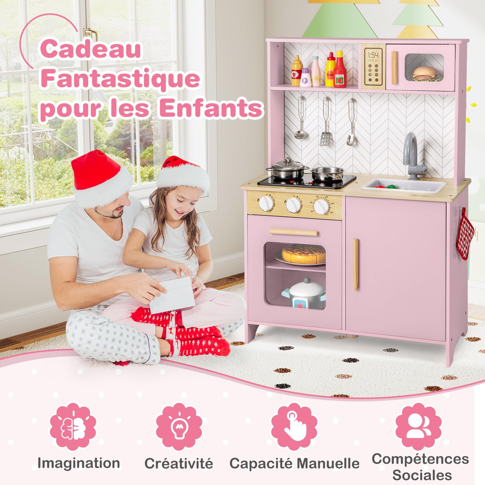 DREAMADE Cuisine Enfants en Bois, Jouets de Cuisine pour Enfants avec Micro-Ondes, Four et Évier, Pieds et Poignées, Mini Cuisine avec Sons et Lumières, Idéale pour Les Enfants de 3+ Ans (Rose)