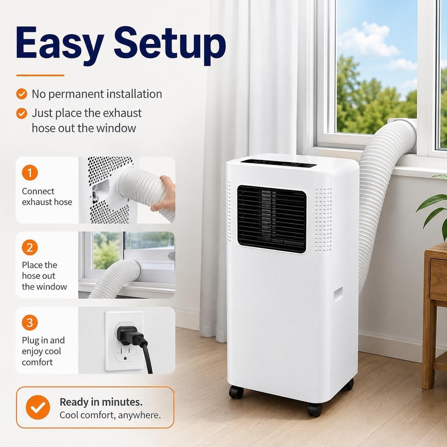 Aire Acondicionado Portátil 7000 BTU, 2 en 1 Frío y Deshumidificador, Control de Temporizador, Modo Sueño, Bajo Ruido 50-60 dB, Ventilación por Ventana Fácil, p