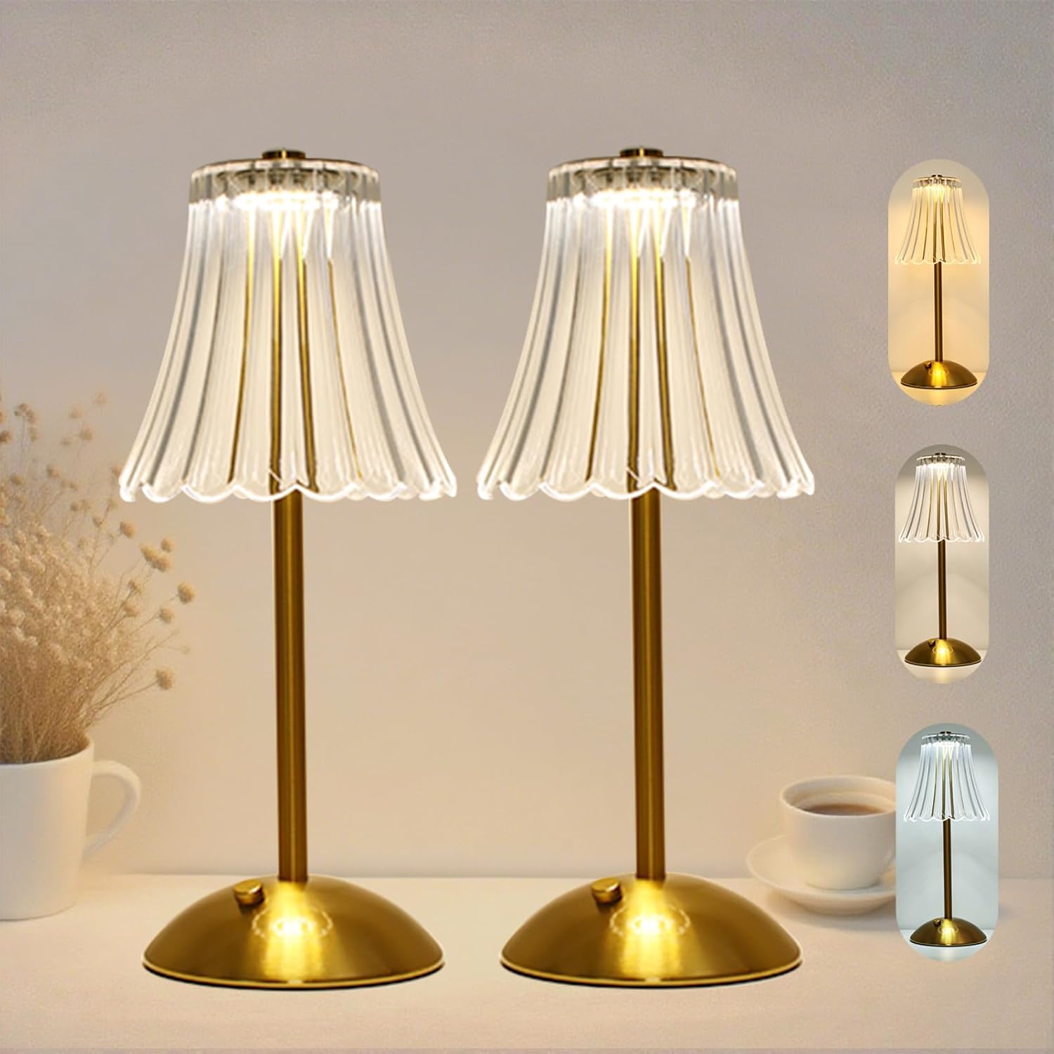 Crystal Table Lamp, 5000mAh Rechargeable Lamp with Touch Control, 3 Color Temperatures, Dimmable Brightness, Matte Aluminum Light for Bedroom/Bar/Kitchen/Outdoor (Retro Golden, Large-2Pc) Retro Golden Large-2Pc