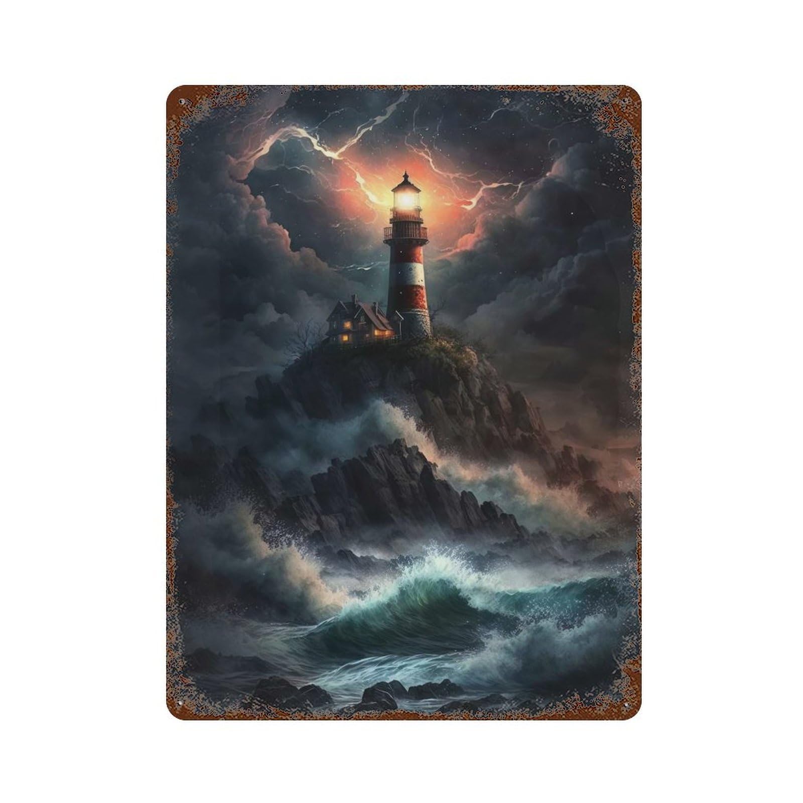 A Lighthouse in A Storm V5 Rusty Metal Tin Sign 15.7"x11.8", Rustic Home Decor for Living Room, Hallway And Home Decor