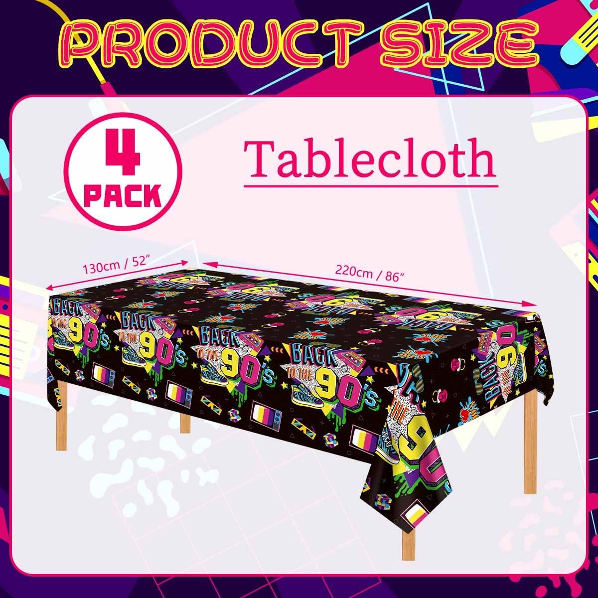 4 Pcs 90s Tablecloths Back to The 90's Birthday Party Table Cover Waterproof Rectangle 90's Tablecloth for 90s Party Decorations Supplies, 52 x 86 in