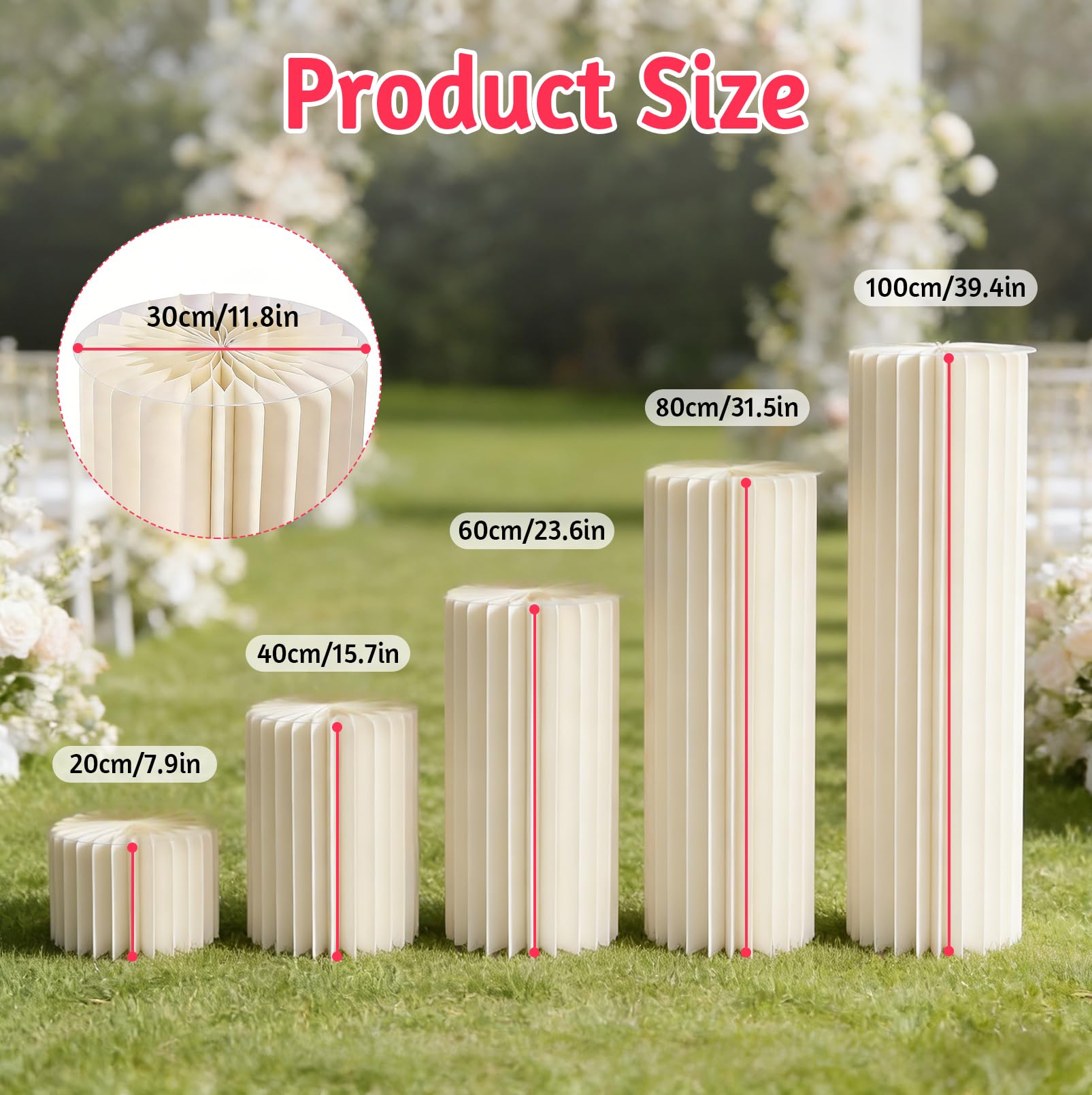 5 Stück Faltbare Papiersäulen, Hochzeit Karton Vasen, Zylinder Basisanzeige | (Durchmesser 30cm,Höhe 20,40,60,80,100cm),Karton Blumensäule für Verlobung Geburtstag Tischdekoration Hochzeiten Dekoration