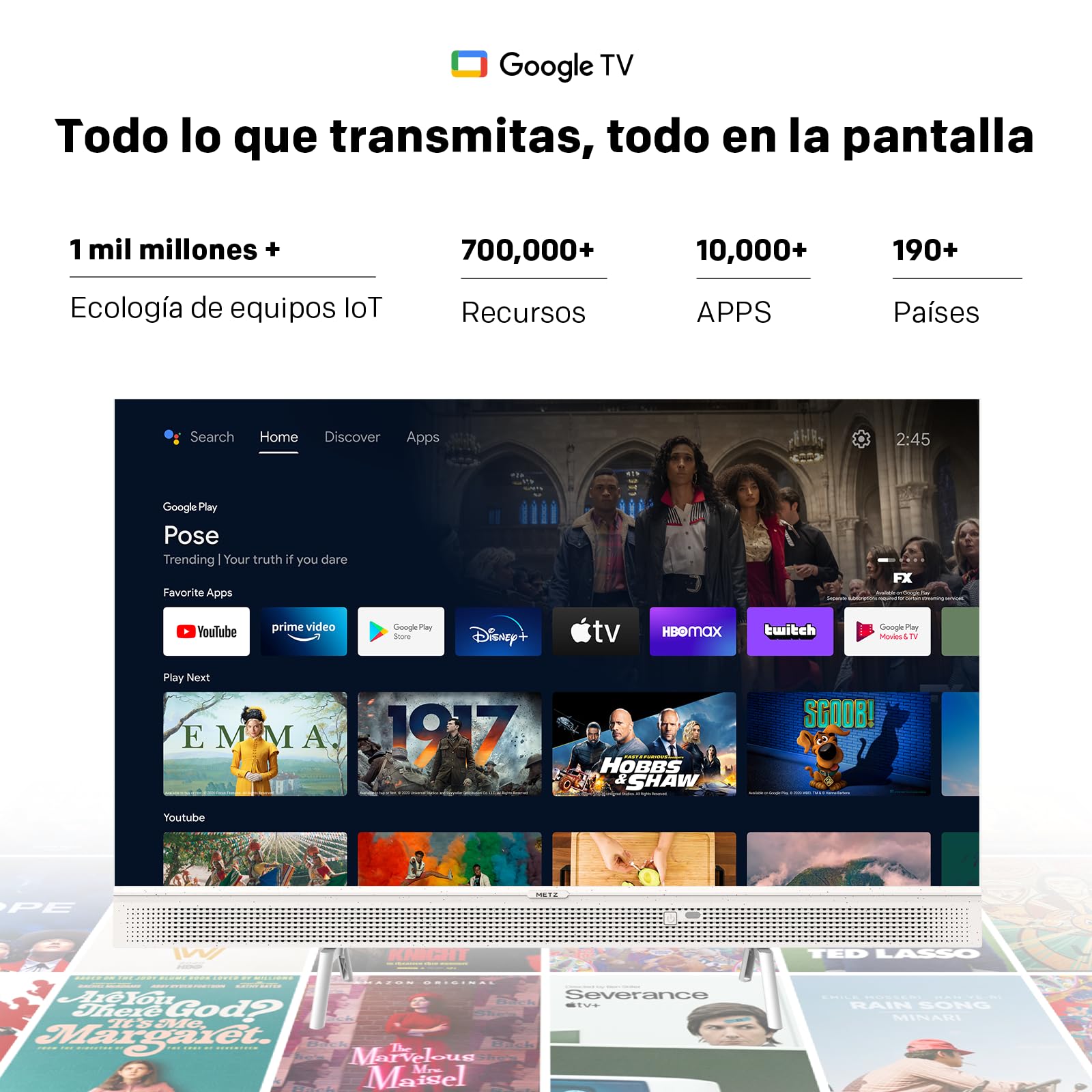 Metz 32 Pulgadas QLED Smart TV Portátil, 32MQE7100Z Google Television, HD, HDR10, 2x10W Potentes Altavoces Frontales, DBX, Dolby Audio, USB-C, Chromecast, Trabajar con Google Assistant, Blanco, 80cm