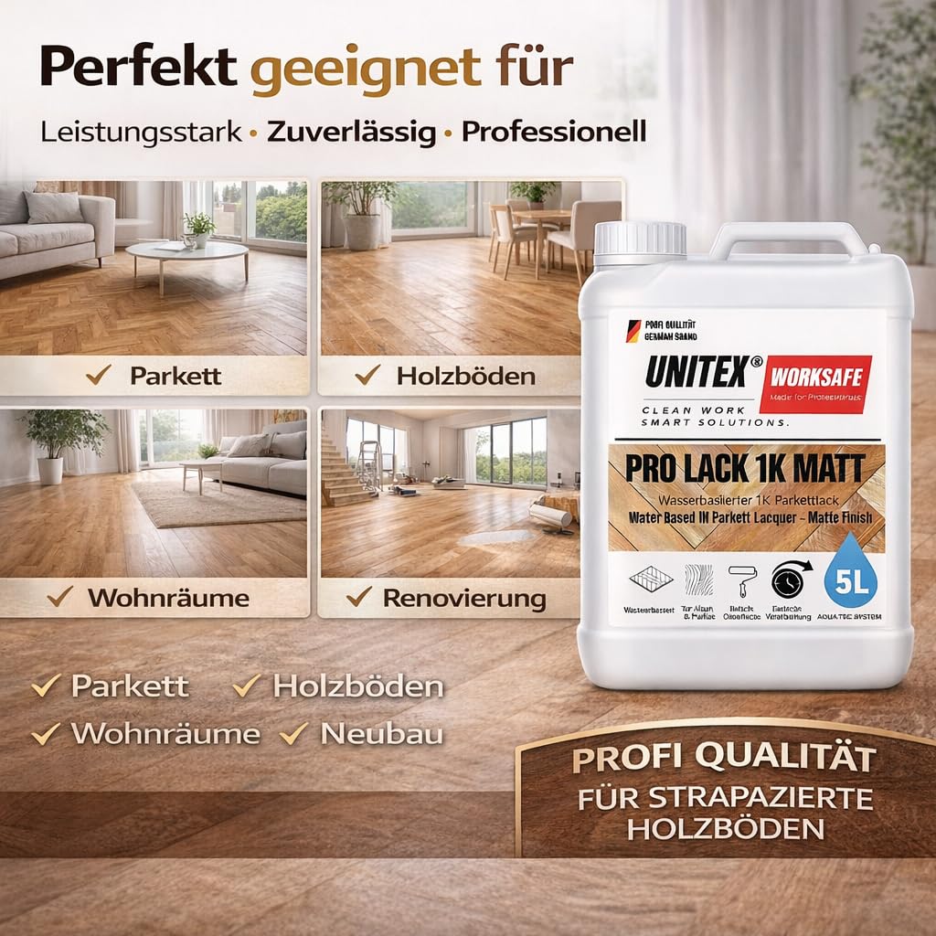 Unitex Barniz de parquet mate a base de agua, 5 l – 1 K, barniz para madera para parqué y suelos de madera, resistente, secado rápido Pro barniz K1
