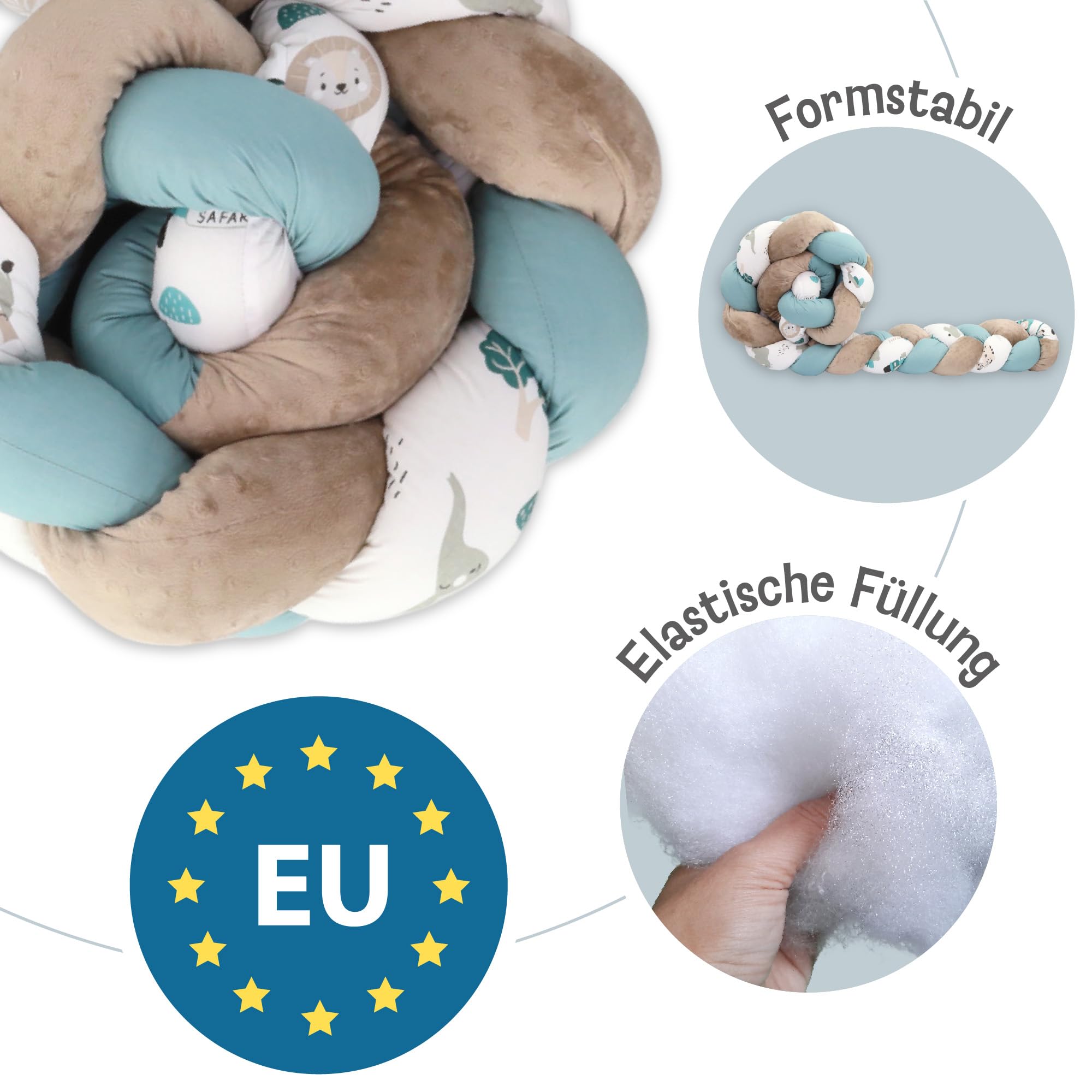 Totsy Baby Coussin Doudou Tressé 200 cm- Déco Chambre d'enfant Coton Moelleux Grand Format Tour de Lit Protection Bord Berceau Polyvalent Canapé Fauteuil Cadeau Naissance Bleu Afrique