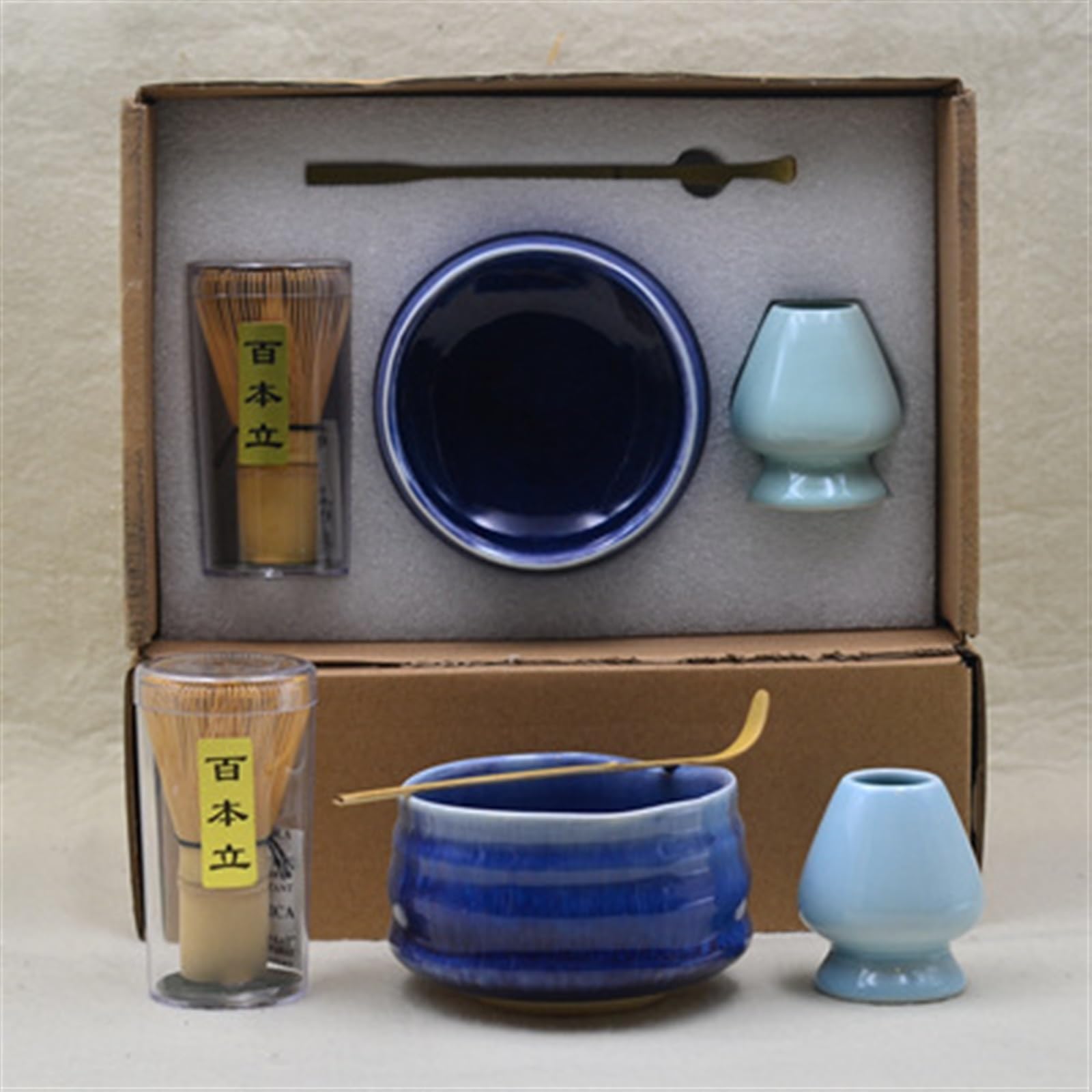 SXYAO Song Dynasty Matcha Whisk Set 4-Piece Set Color Glaze Matcha Bowl Ceramic Whisk Holder Bamboo Spoon Traditional Matcha Kit New Home Gift(Gradient blue)