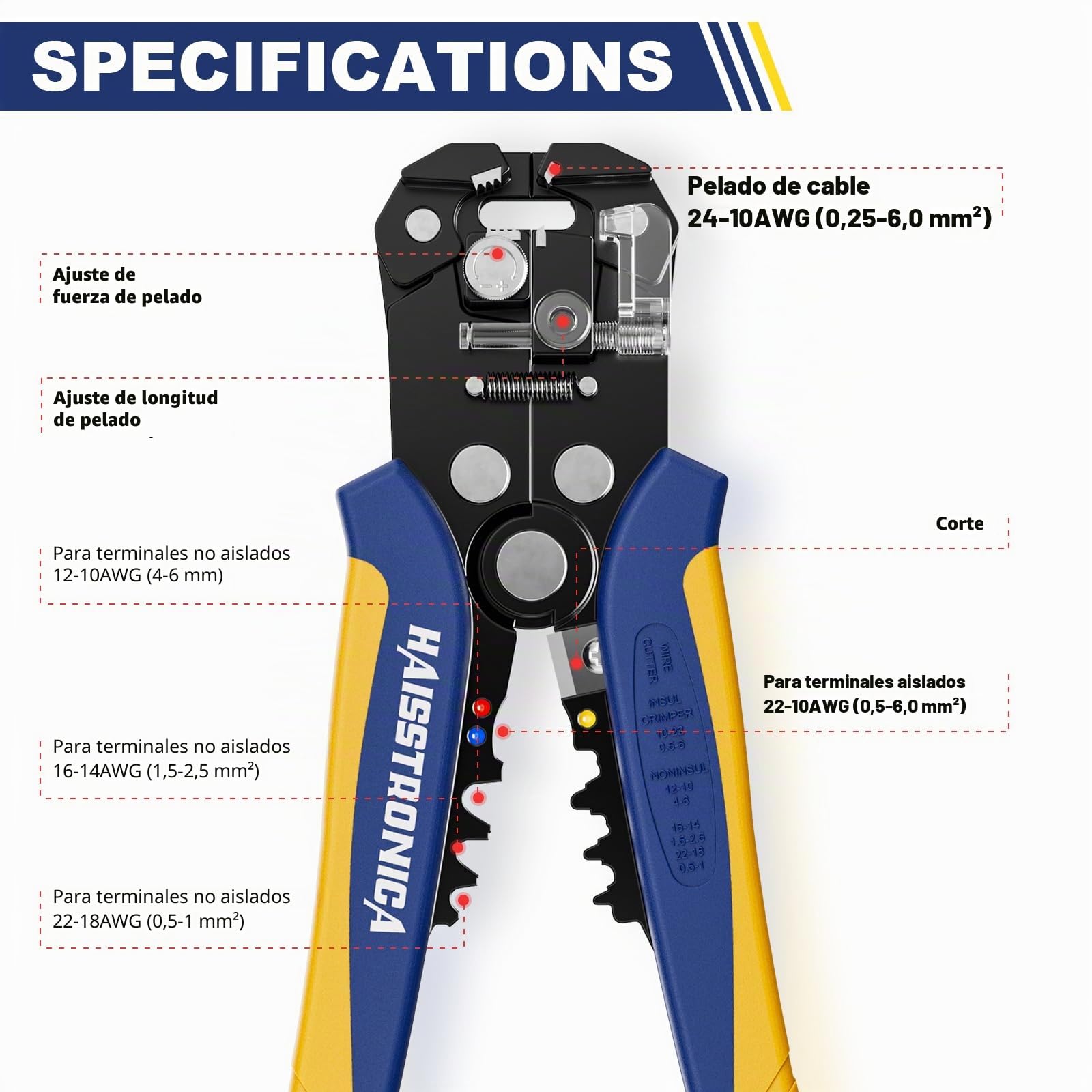 haisstronica Pelacables automático, AWG 24-10 cortador de alambre y herramienta de prensado