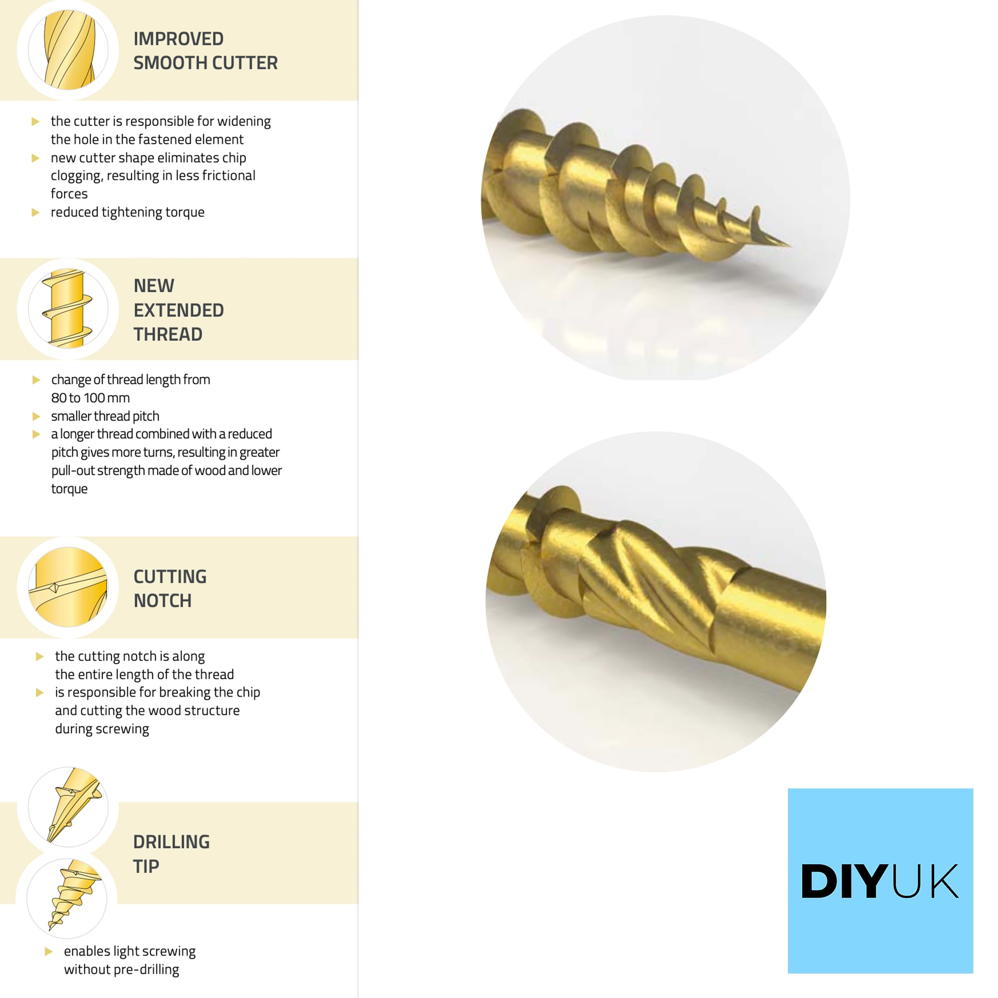 Torx Yellow Wood Screws 100mm x 5.0mm (Pack of: 20) Countersunk High Performance Multi-Purpose TX Screw - Image 3