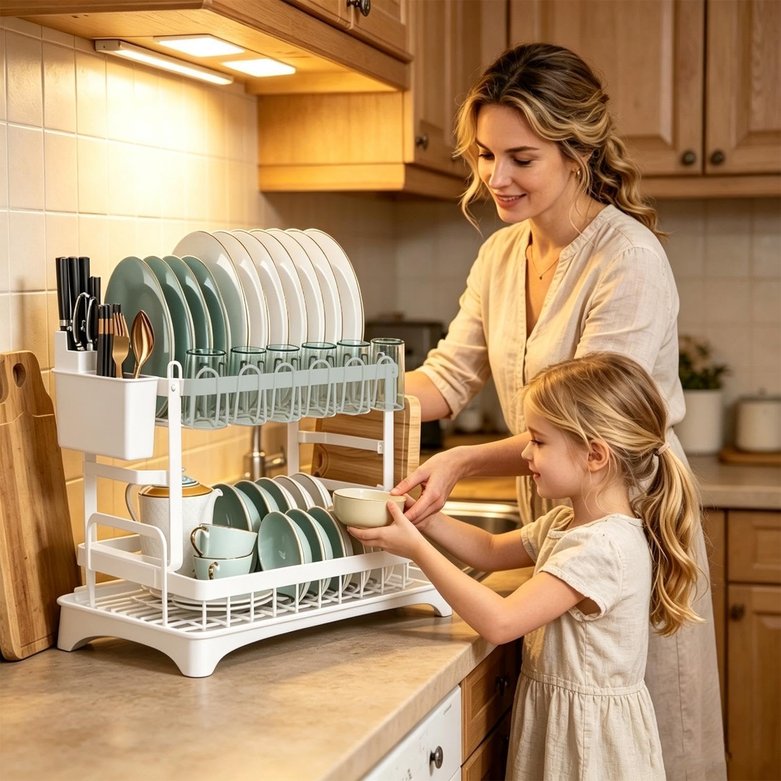 de 2 niveles grande para platos de 2 niveles de acero al carbono | Escurreplatos para fregadero de cocina para jabón esponjas herramienta limpieza organización drenaje grifo casa A