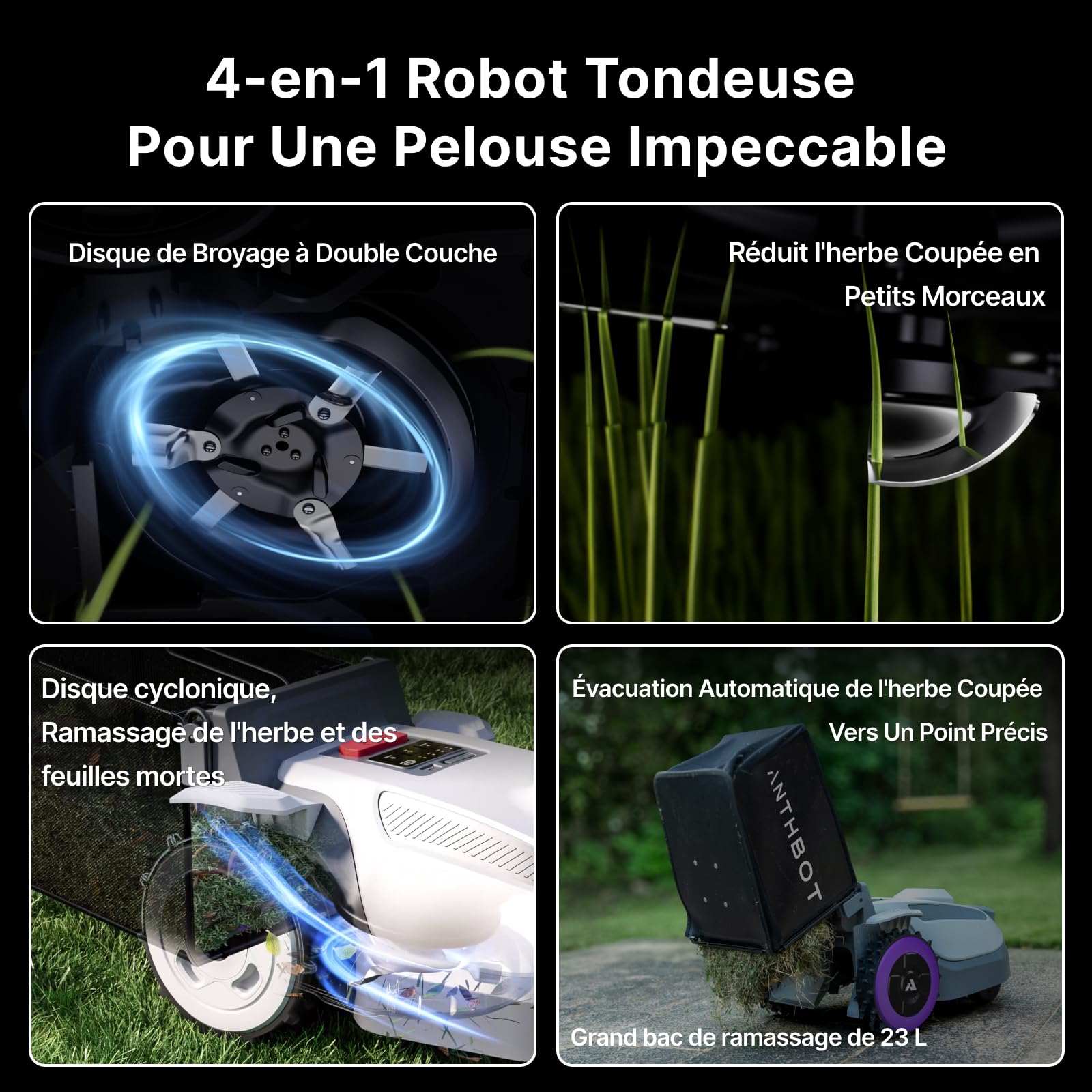 ANTHBOT 4-en-1 Robot cortacésped N8-1500㎡, NetRTK, 4G, 150㎡/h, 9.2Ah, 3 a 7 cm | Recogida de hojas muertas, Recogida de hojas muertas, derrame en una ubicación precisa, corte por zona, corte programado
