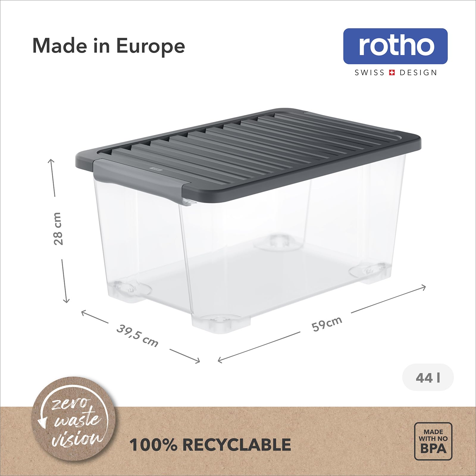 Rotho 4er-Set Core Plus Aufbewahrungsboxen mit Deckel 44l - Boxen Stapelbar | Transparente Kunststoffkiste 59x39,5x28 cm mit Griffen für Keller & Büro, 44 Liter Ordnungssystem mit App-Anbindung