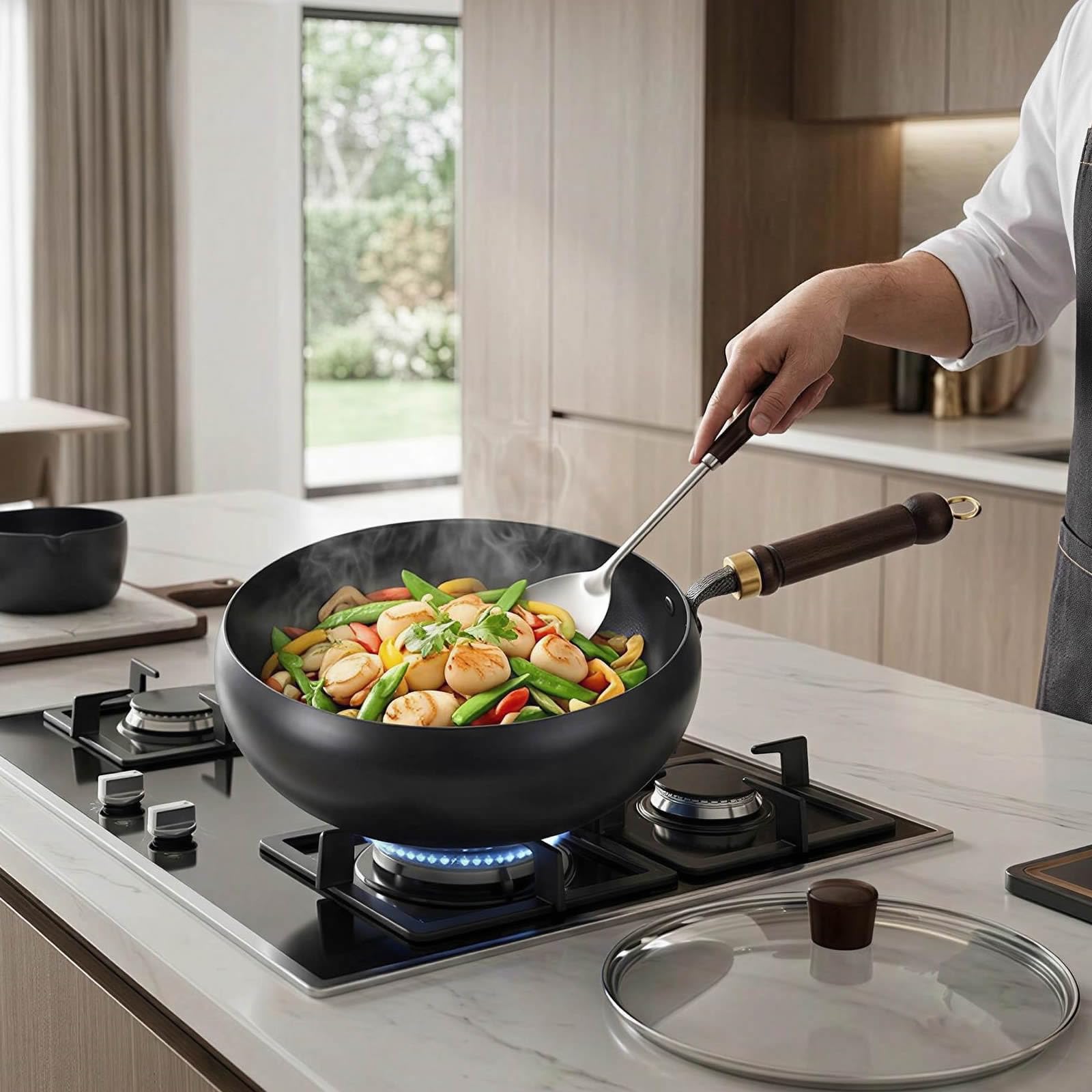 pentola wok in ferro 28 cm, non rivestita, forgiata a mano | antiaderente naturale, resistente e antiruggine, fondo tondo, compatibile con gas e induzione, con coperchio in vetro