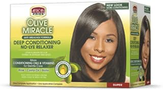African Pride Olive Miracle Super No-Lye Relaxer Kit - Deep Conditioning with Aloe Vera, Castor Oil & Biotin for Moisturized, Protected Hair