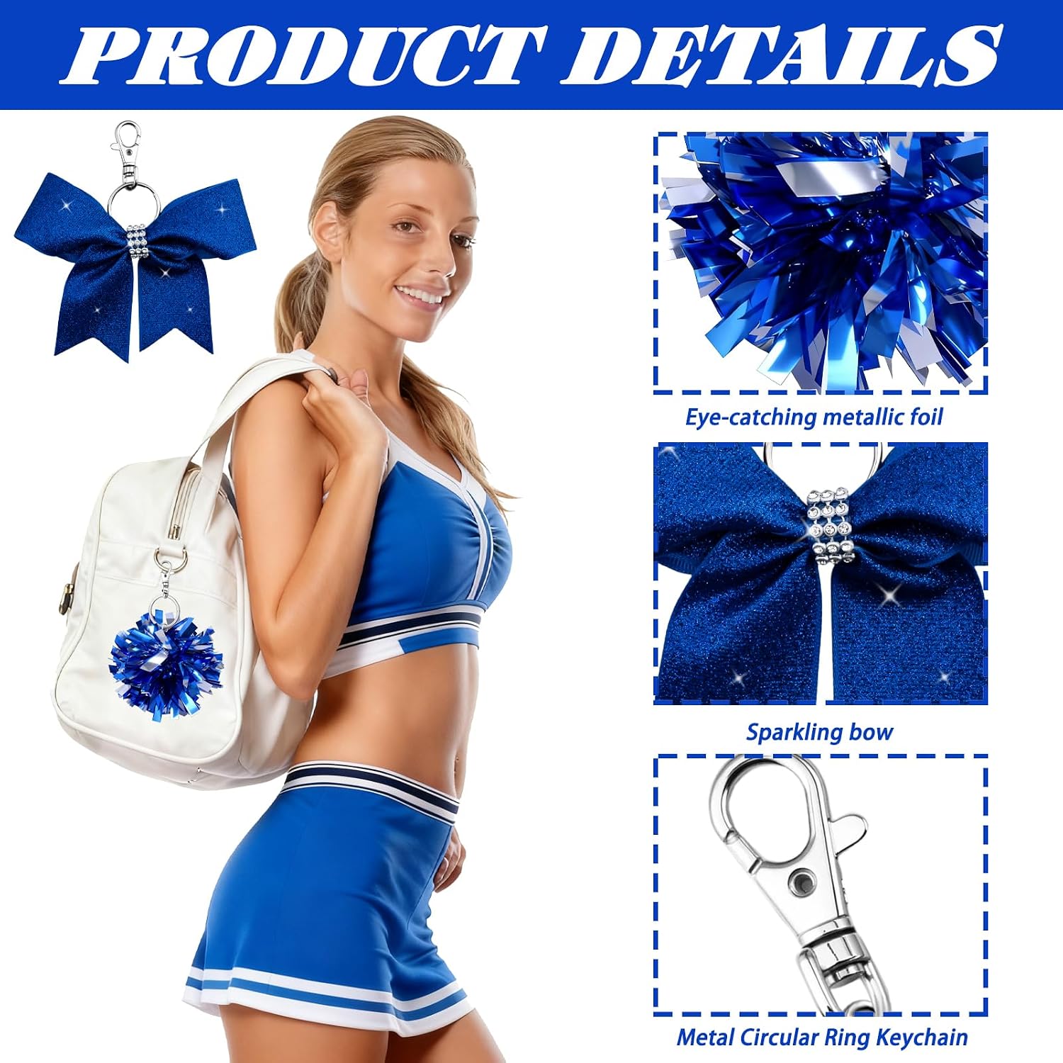 Cheerleader Gifts for Girls Cheerleading Gifts for Women Cheer Gift for Girls Cheer Team Gift Blue Bow Keychain Cheerleading Pom Pom Keychain Cheerleader Coach Accessories Bow Bag Charm 2 pcs