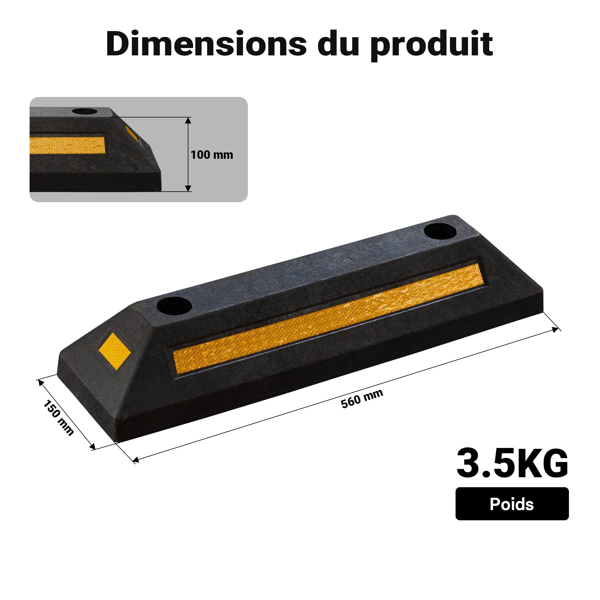 Wiltec 2x butée de roue 56 x 15 x 10 cm – en Caoutchouc – 4,3 kg/pièce – avec Réflecteurs – Aide au stationnement Stop roues pour Parkings, Garages