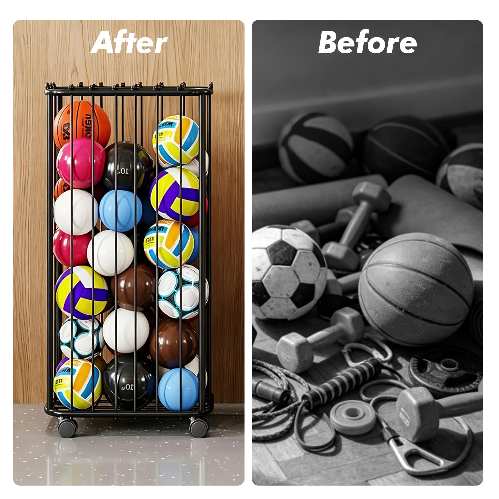 Basketball Aufbewahrungsregal, Vertikale Ball Aufbewahrung Garage, Ballständer mit Rädern & elastische Bänder, Indoor und Outdoor Ballaufbewahrungsregal für Basketball, Fußball, Volleyball, Schläger
